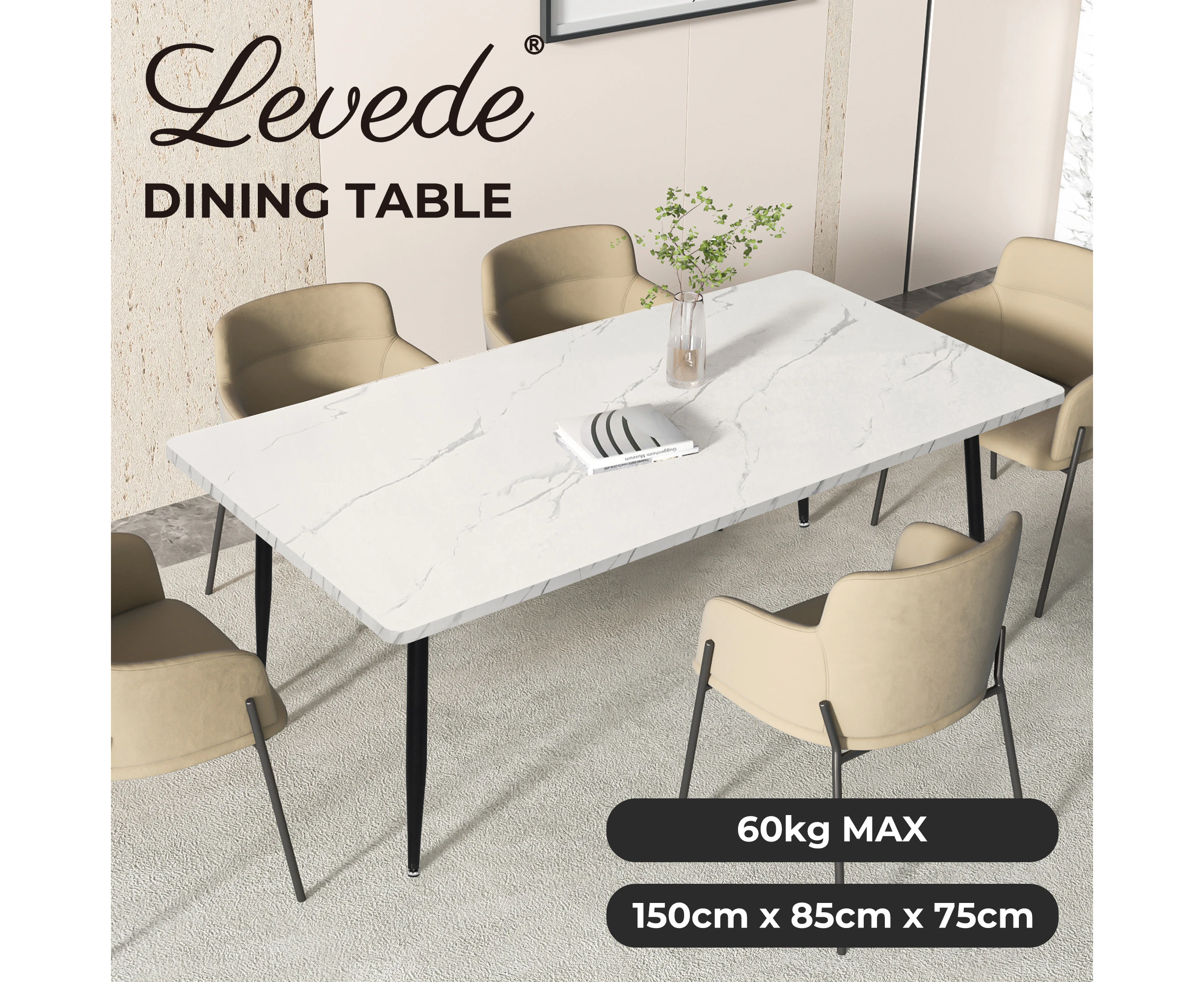 Levede 150cm Dining Table 6 Person Seater Marble Texture Steel Leg Home Office