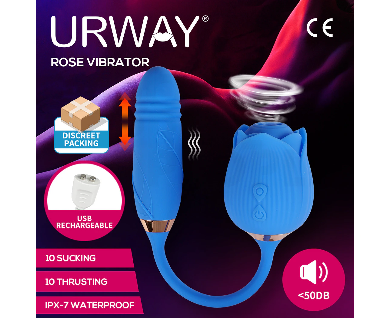 Urway Rose Vibrator Sucking Thrusting Dildo Clitoral Stimulator Blue Sex Toy