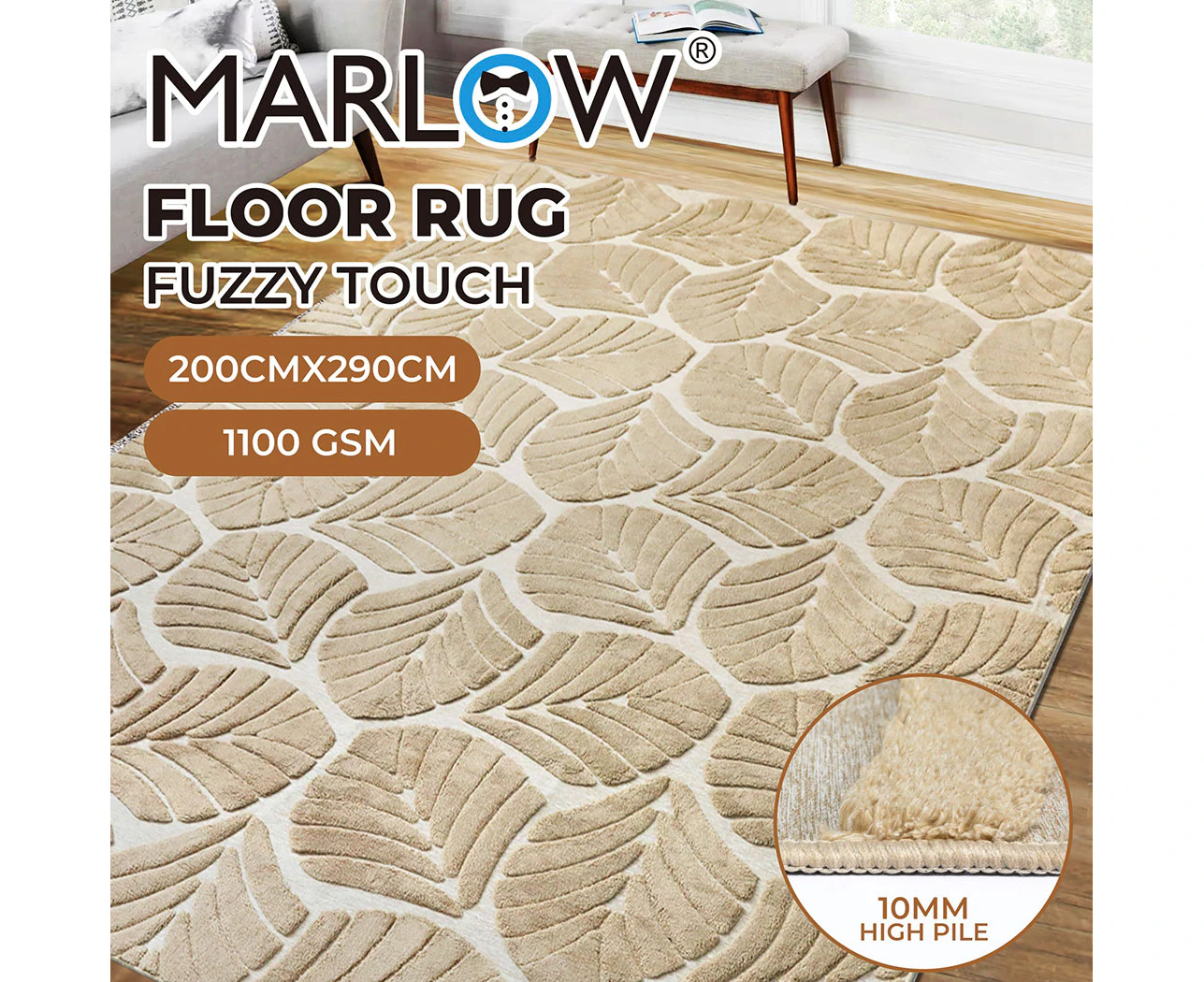 Marlow Floor Rug Soft Embossed Carpet Non Slip Plush Shaggy Rugs Leaf Pattern