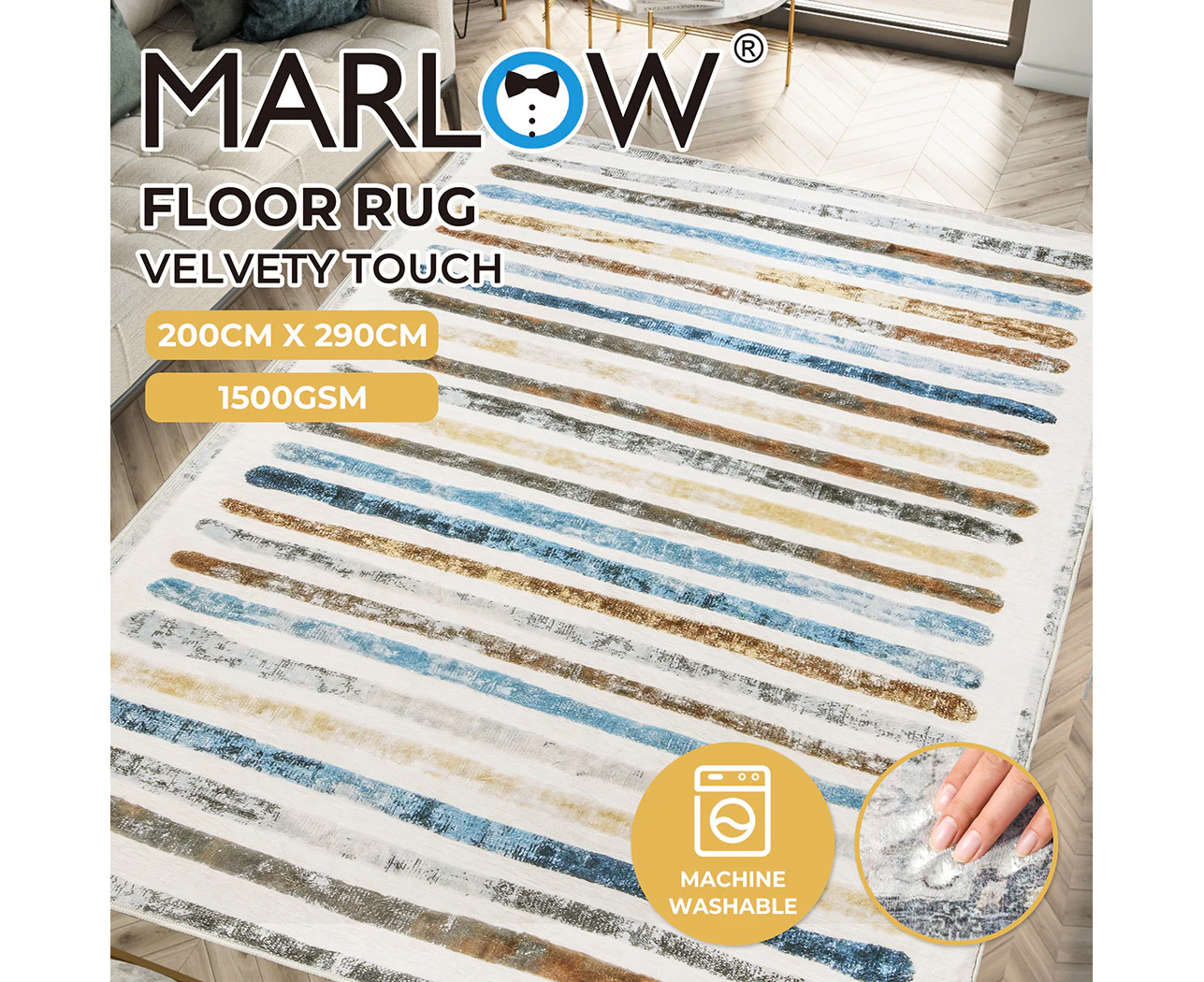 Marlow Floor Rug Short Pile Washable Carpet Soft Plush Non Slip Stripe 200x290