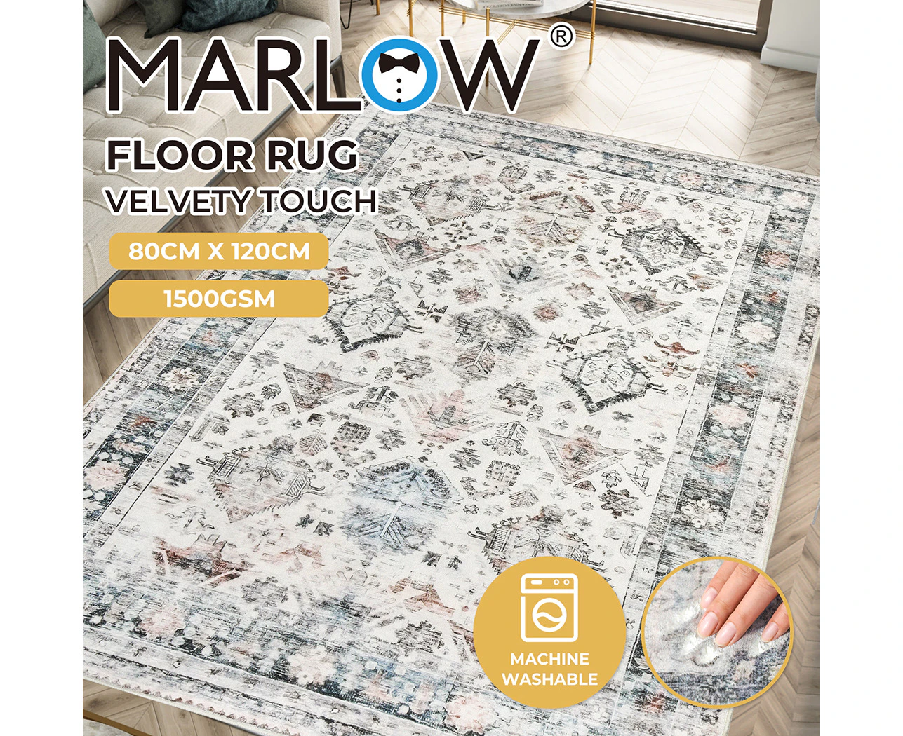 Marlow  Floor Rug Vintage Short Pile Washable Carpet Soft Plush Non Slip 80X120