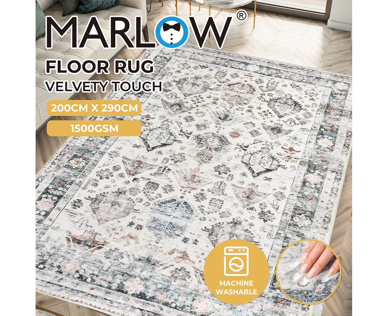 Marlow  Floor Rug Vintage Short Pile Washable Carpet Soft Plush Non Slip 200x290