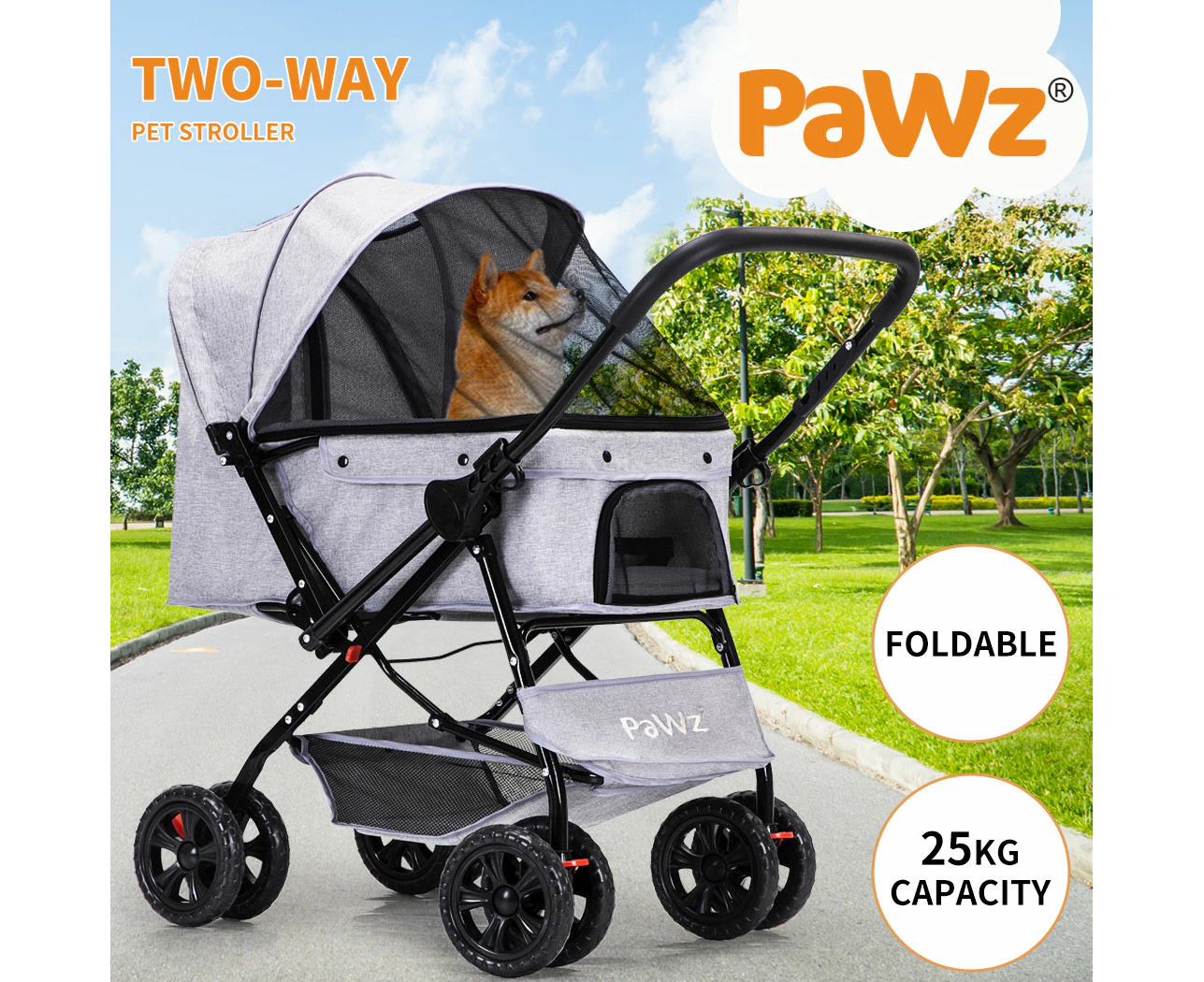 Pawz Pet Stroller Pram Dog Carrier Trailer Strollers 4 Wheels Foldable Large