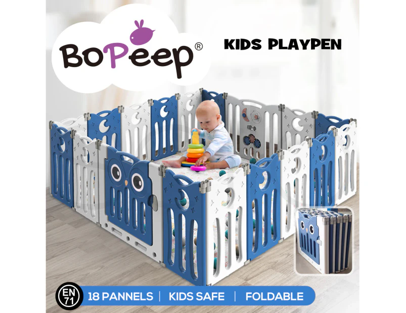 Bopeep Kids Baby Playpen Foldable Child Safety Gate Toddler Fence 18 Panels Blue