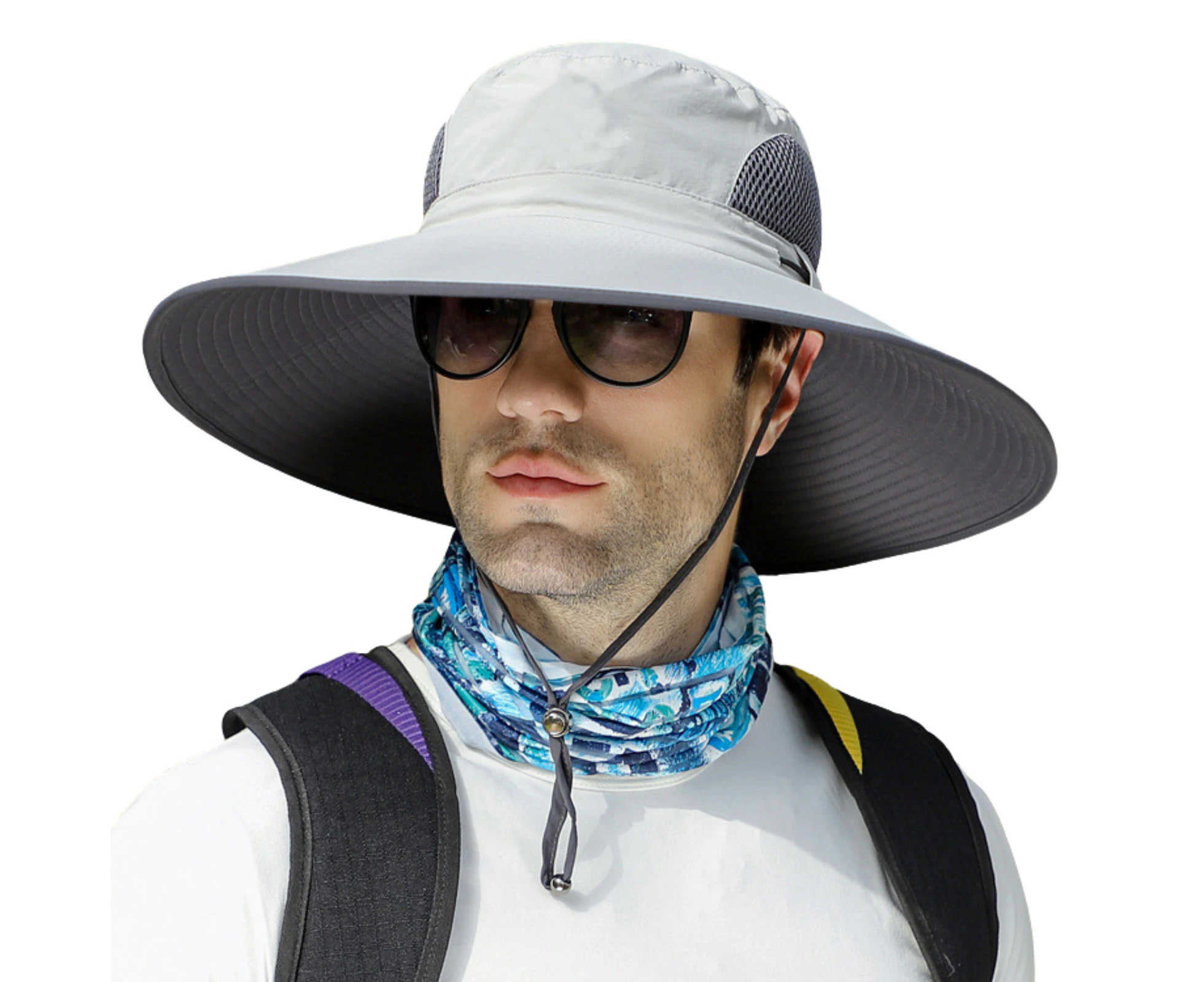 Men's Big Head Extra Wide Brim Sun Hat - UPF50+ XXL Adjustable Waterproof Hat - OZ Smart - Light Grey