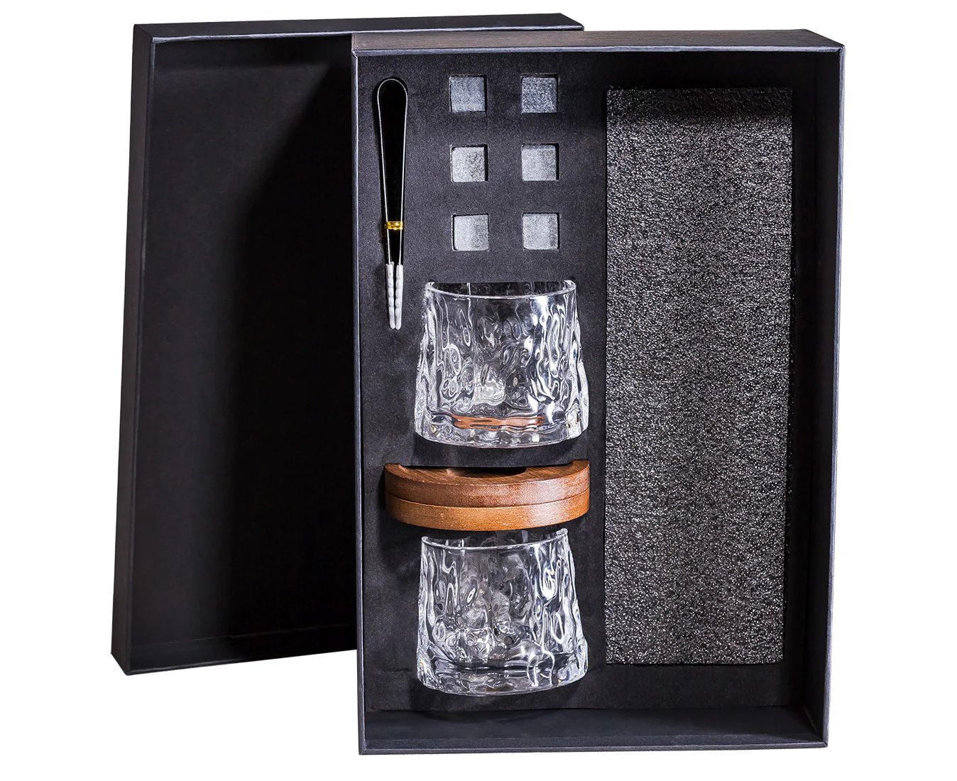 Whisky Gift Box with Spinning Whisky Tumblers, Wooden Coasters and Ice Cubes