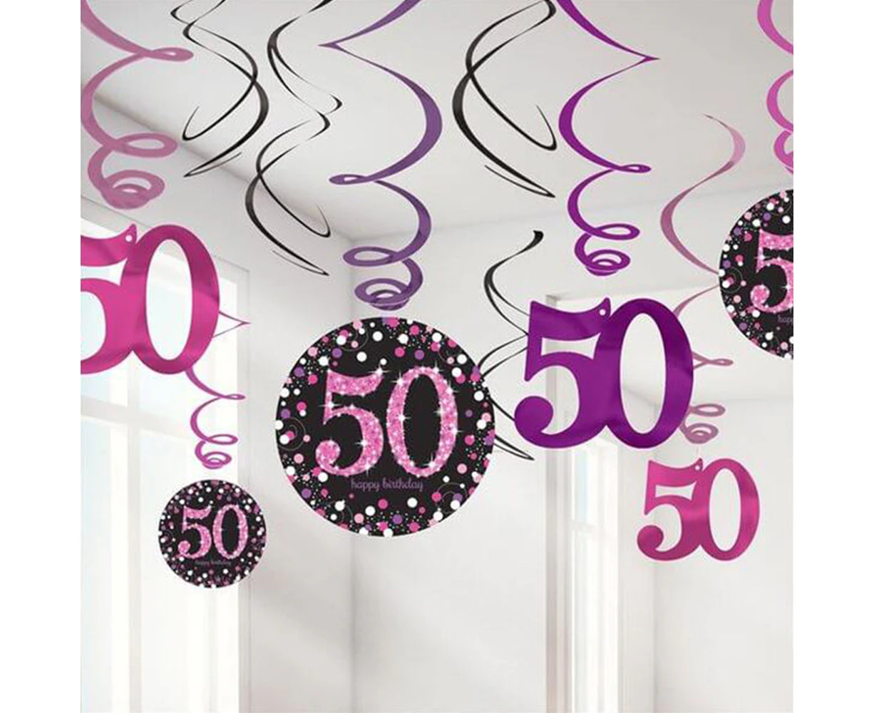 50th Birthday Sparkling Pink Hanging Swirl Decorations