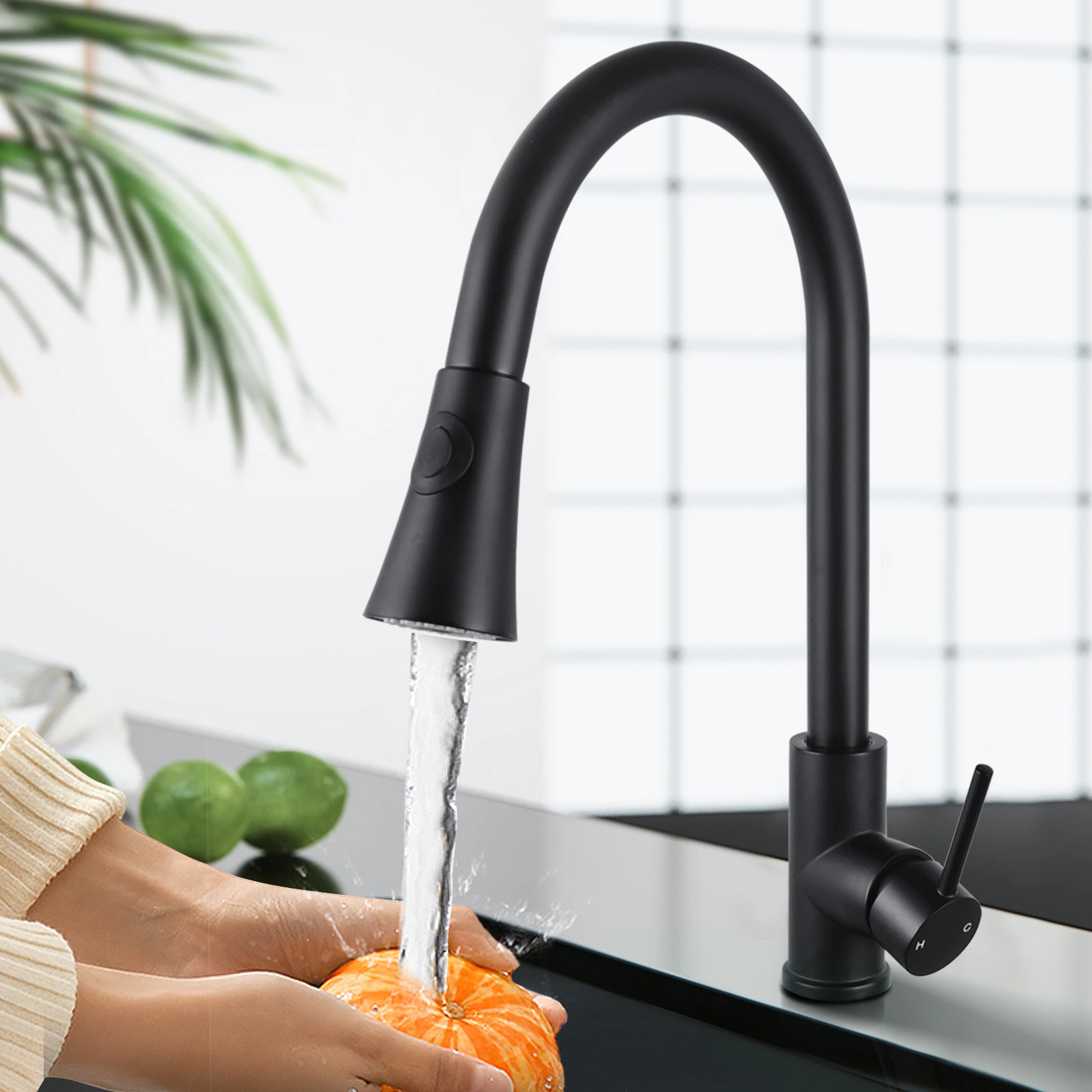 Pull Out Tap Kitchen Mixer Tap Gooseneck Swivel Spout Round Black Laundry sink Faucets