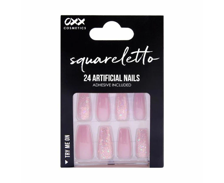 24 Pack Artificial Nails with Adhesive, Squareletto Shape, Pink Glitter - OXX Cosmetics