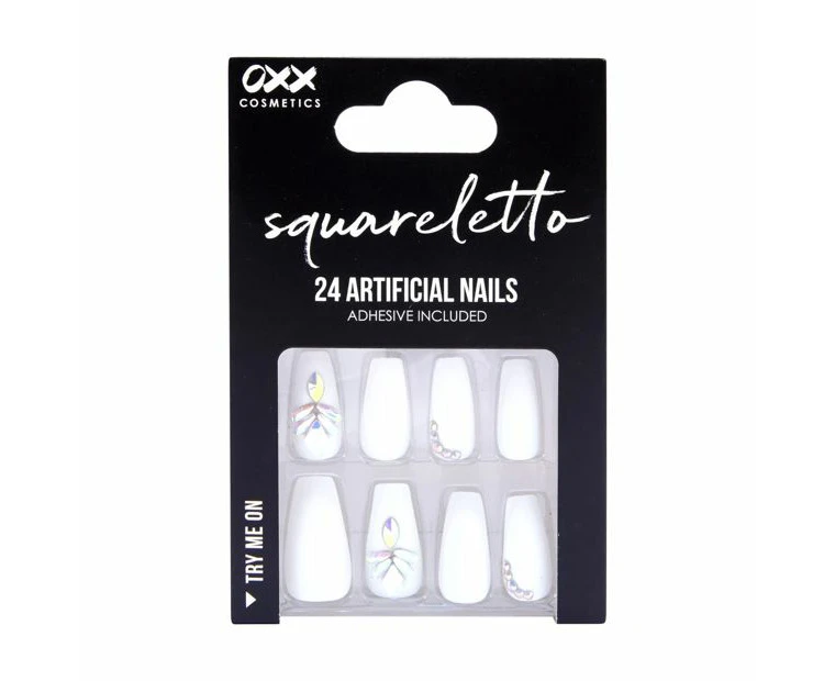 24 Pack Artificial Nails with Adhesive, Squareletto Shape, White Gem - OXX Cosmetics