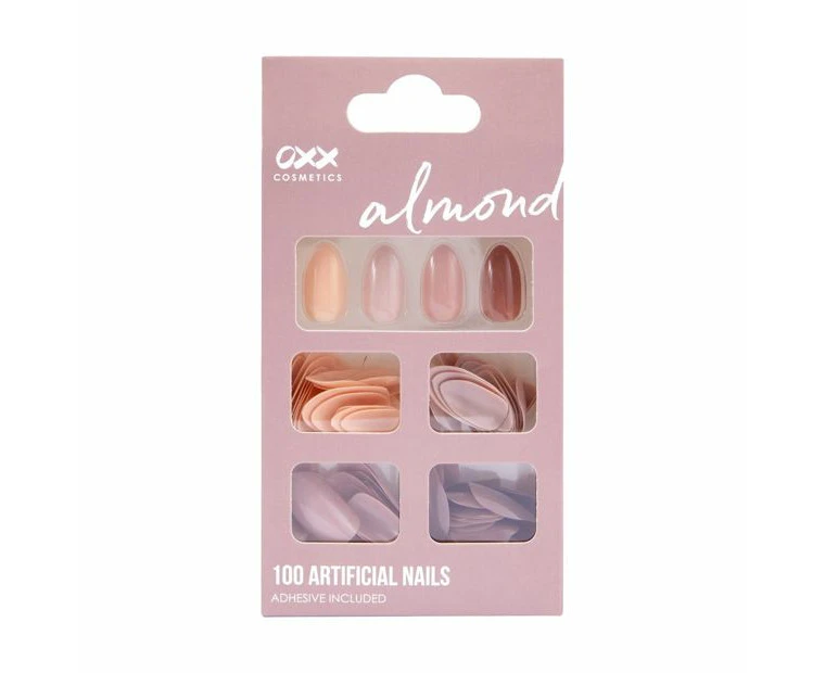 100 Pack Artificial Nails with Adhesive, Almond Shape, Nude - OXX Cosmetics