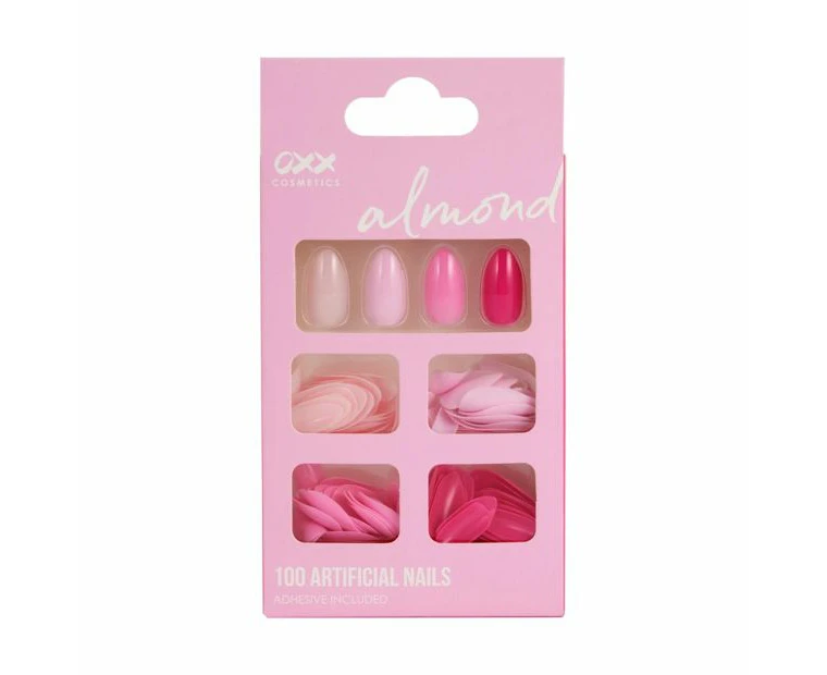 100 Pack Artificial Nails with Adhesive, Almond Shape, Pink - OXX Cosmetics