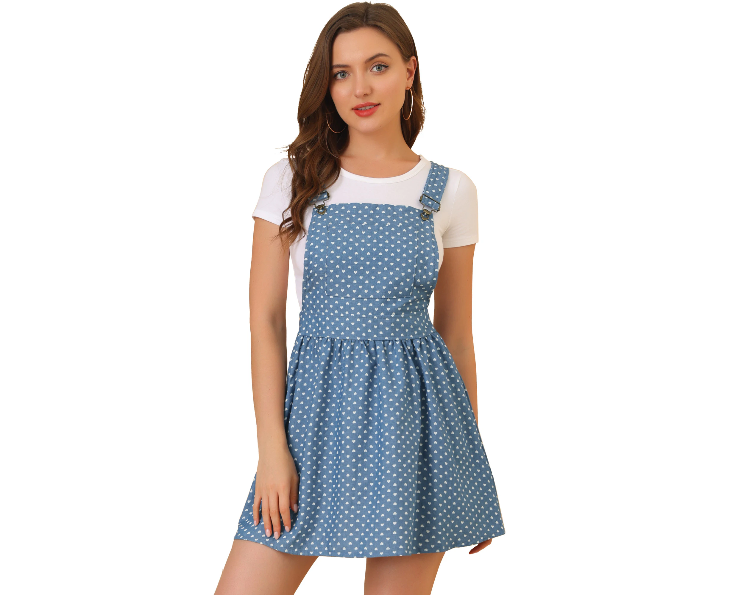 Allegra K Printed Adjustable Straps Suspender Mini Chambray Pinafore Dress