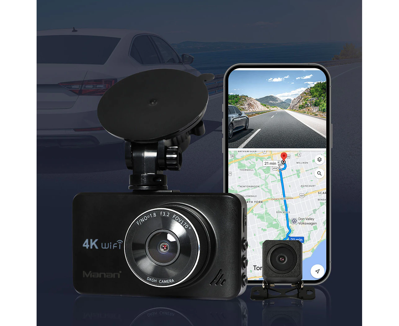 Dual Dash Camera Front and Rear Wifi 4K GPS Dashcam Car Camera Free 64G Card