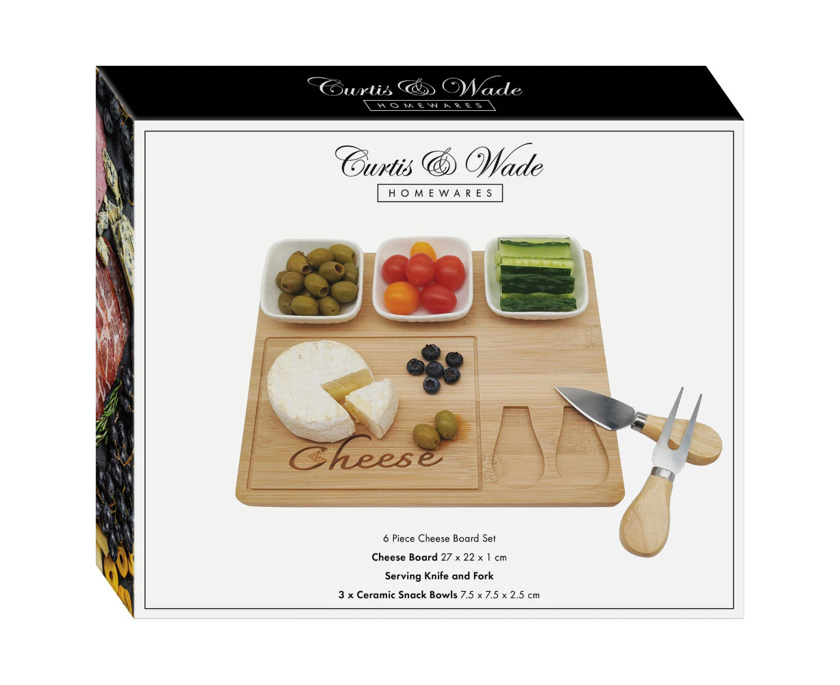 Curtis & Wade 6 Piece Gift Set Cheese Board Cheese Knife Fork 3 Ceramic Bowls