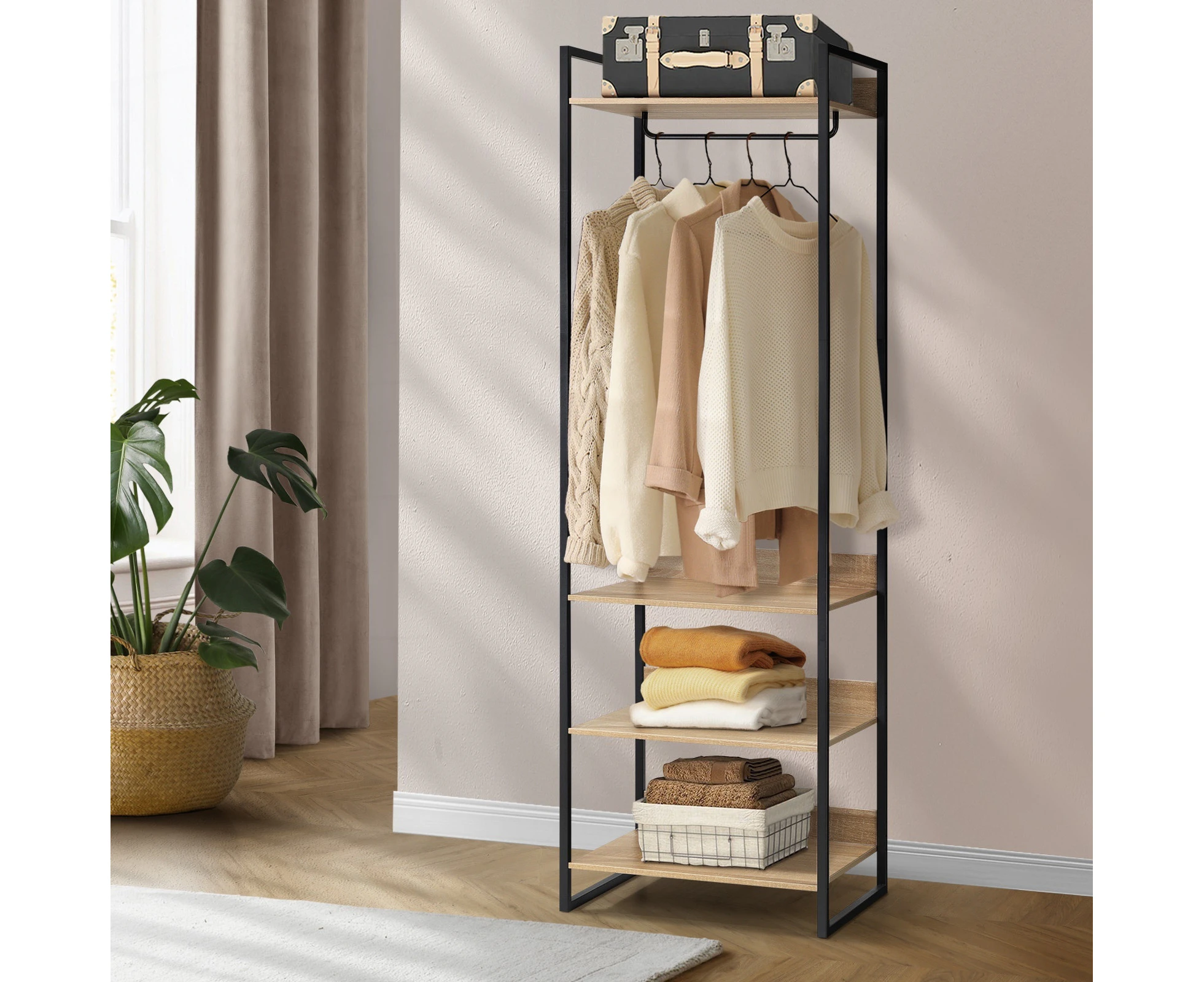 Oikiture Clothes Rack Open Wardrobe Garment Coat 4 shelves Hanging Rail Metal