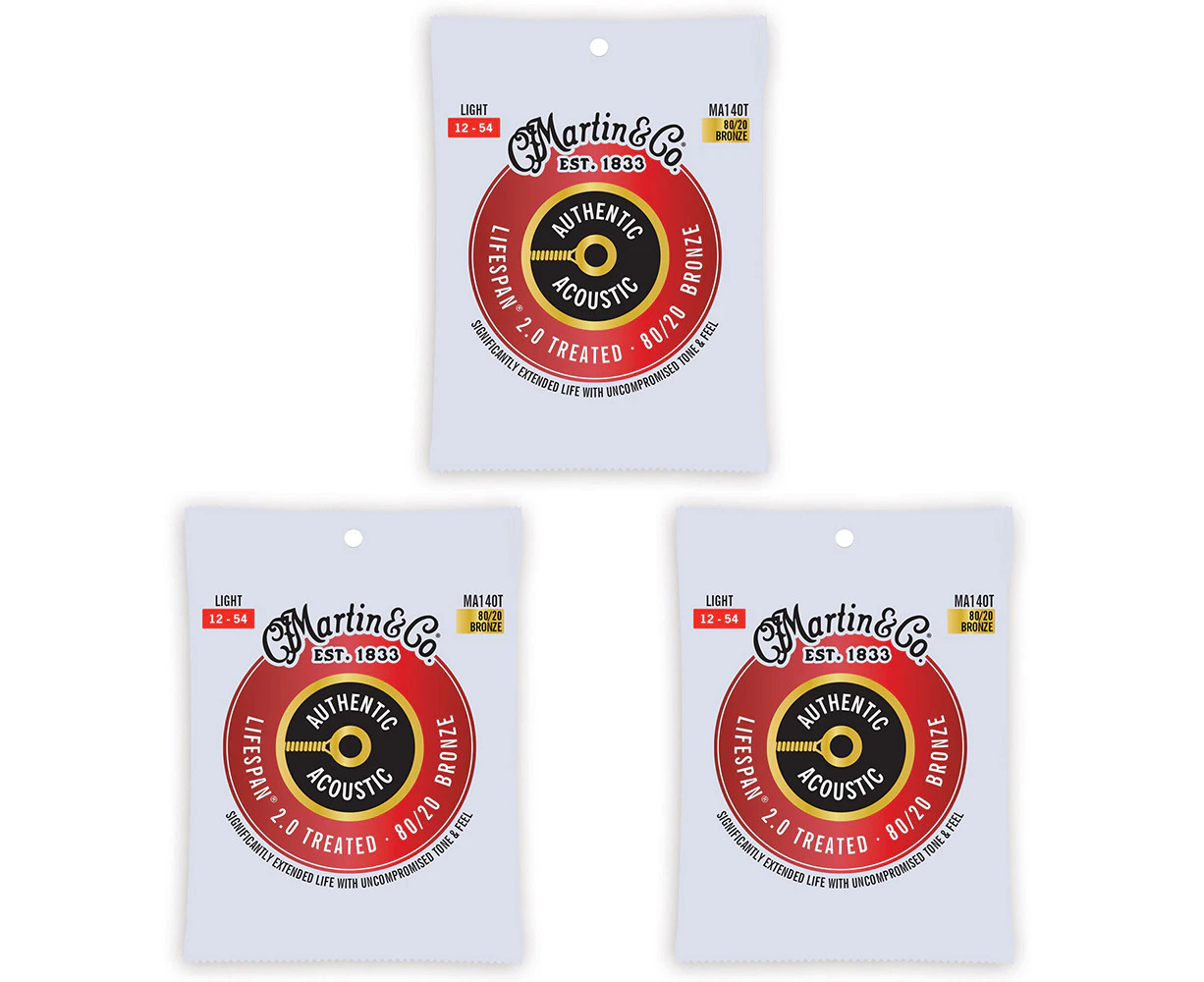 3x Martin Guitar Authentic Acoustic Treated Strings 80/20 Bronze MA140T Light