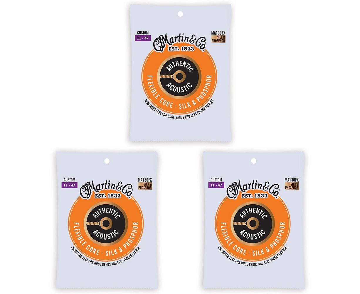 3x Martin Guitar Authentic Acoustic Flexible Strings Silk/Steel MA130FX Custom