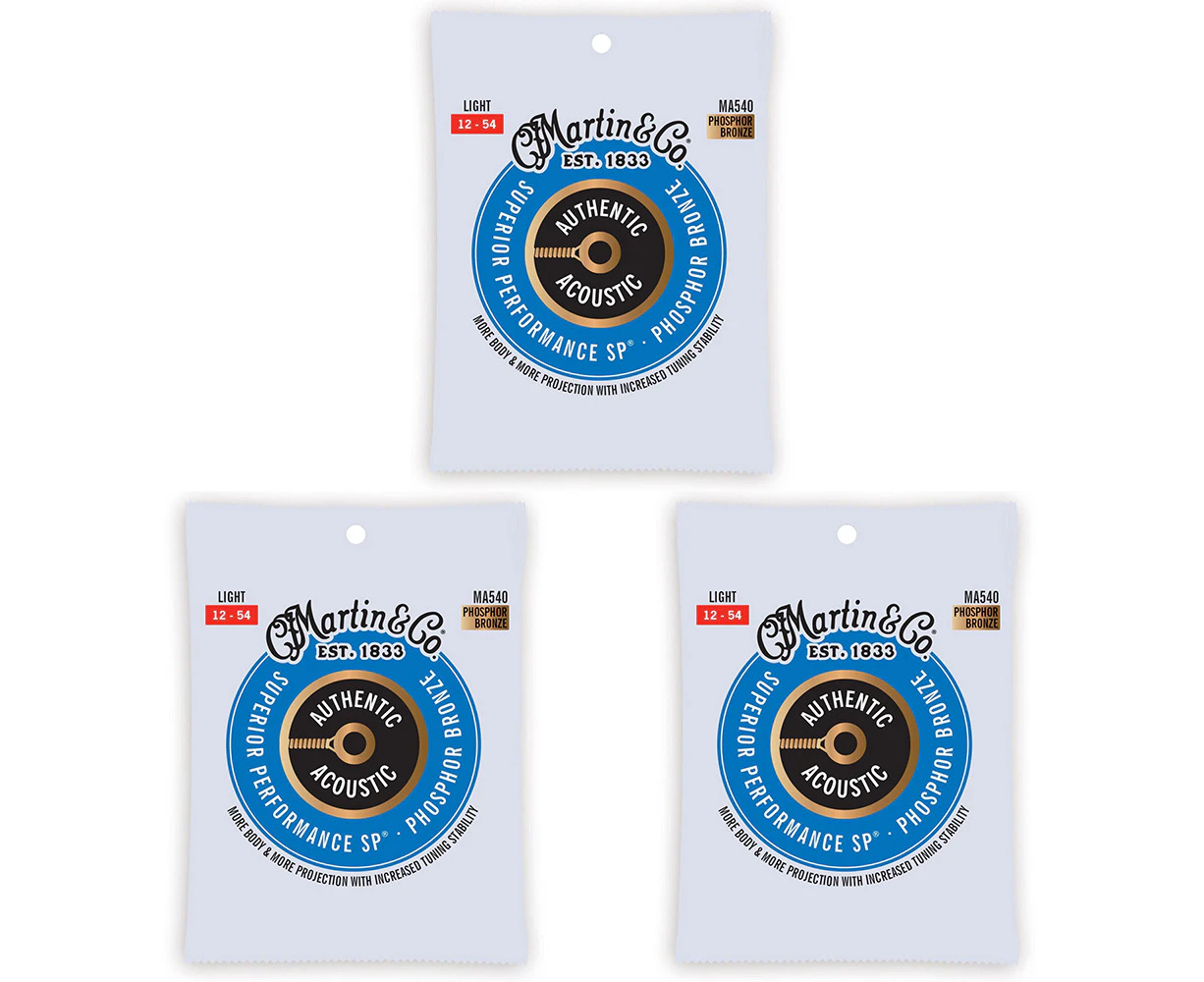 3x Martin Guitar Authentic Instrument String 92/8 Phosphor Bronze MA540 Light