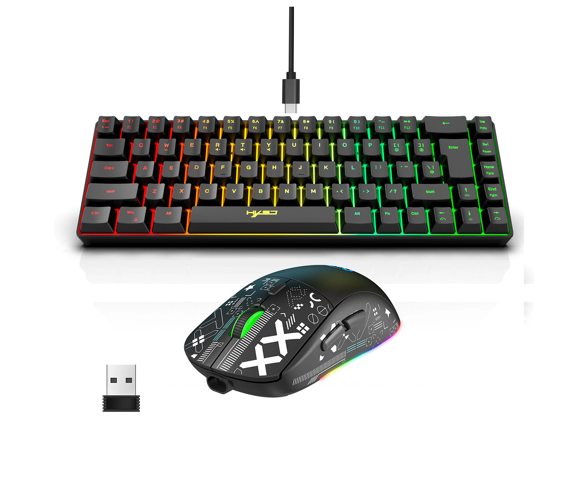 HXSJ Keyboard and Mouse Combo Wired K68 RGB Streamer Mini Gaming Keyboard Membrane Keyboard and 2.4G Wireless Mechanical RGB Gaming Mouse 3600DPI 11