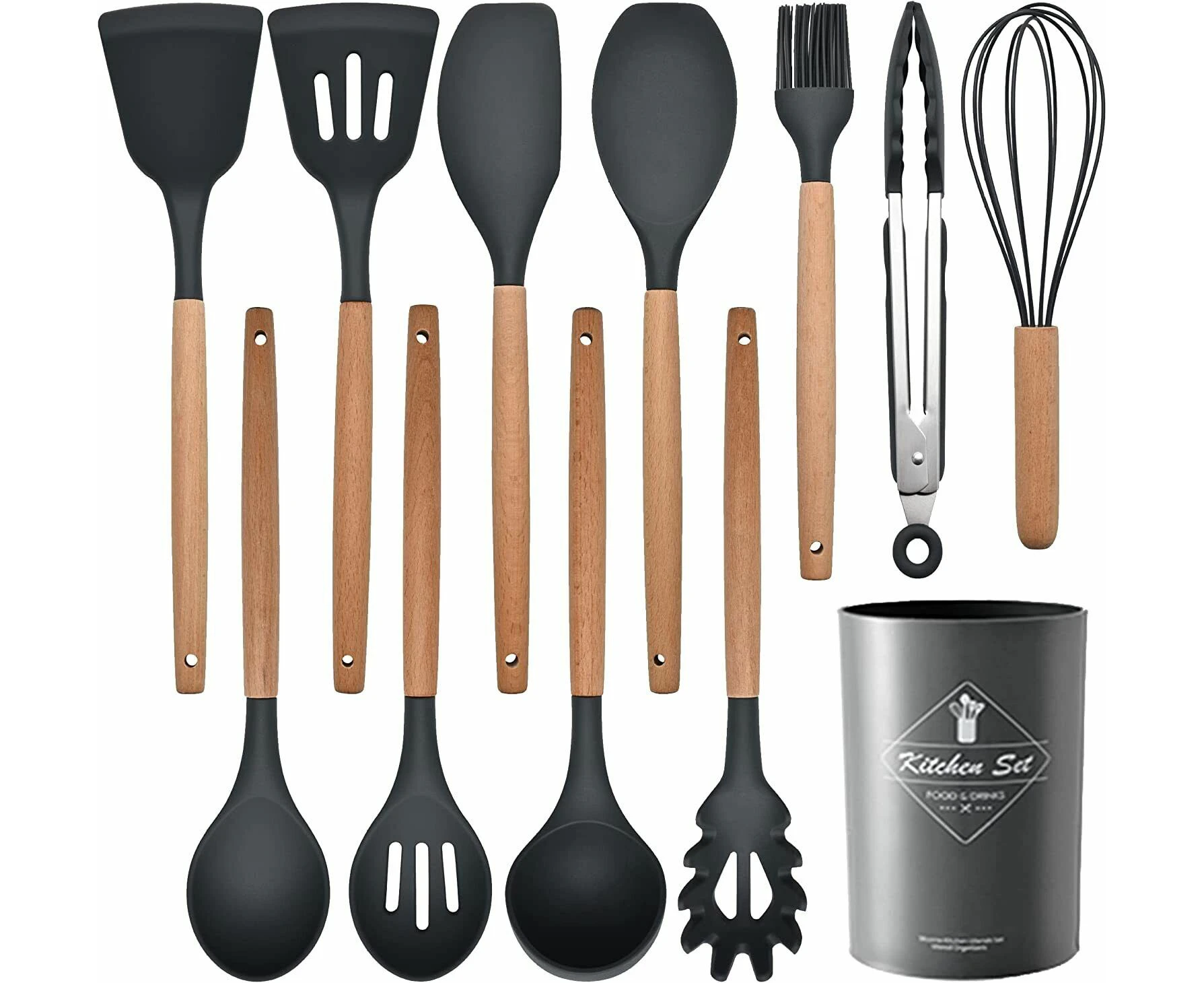 12Pcs Kitchen Cooking Utensils Set Silicone Cookware Wooden Handle Non-stick