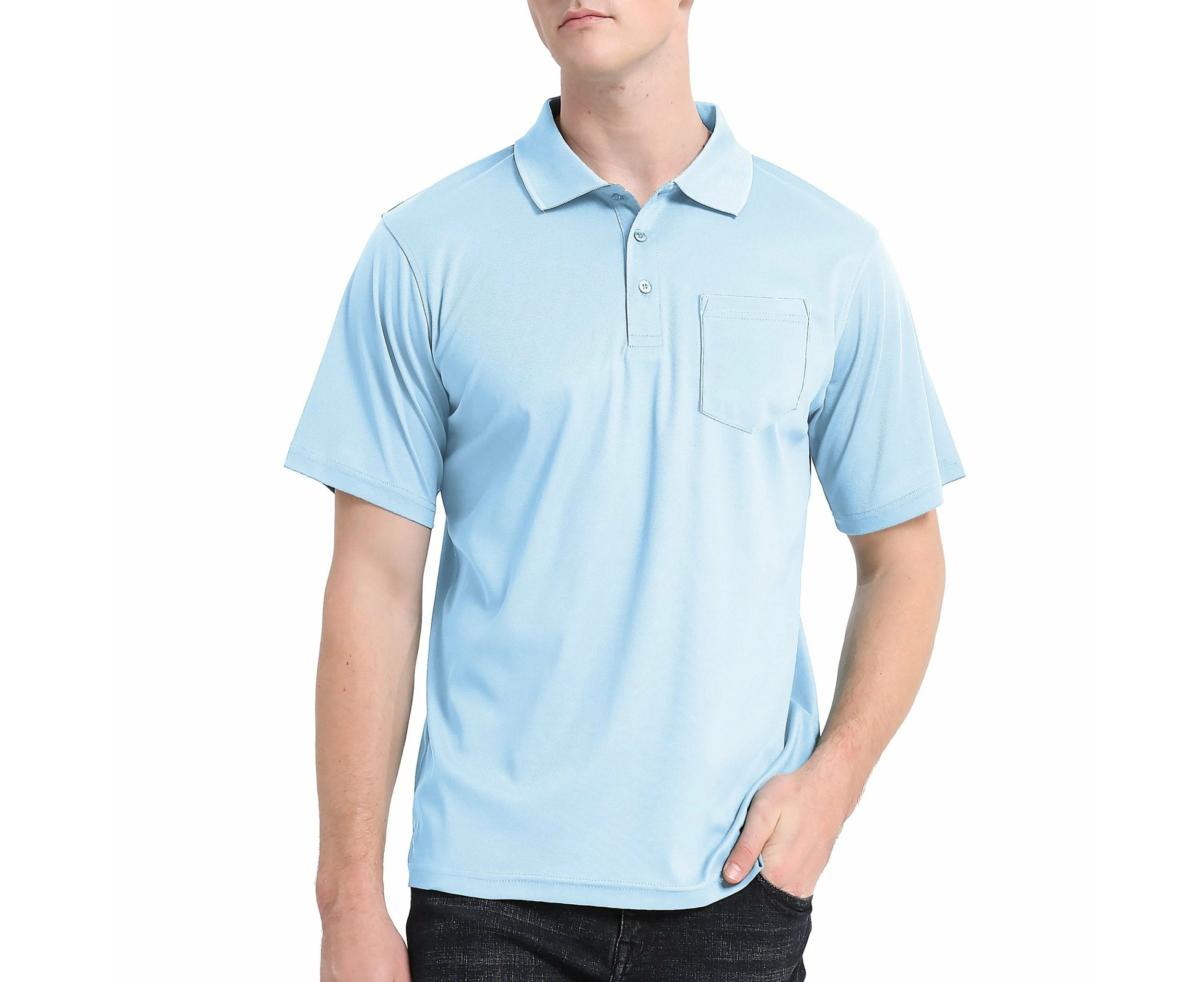 Cotton Blend Polo Shirts Plain Solid Colour Golf Shirt Short Sleeve Pique Classic Fit - Sky Blue