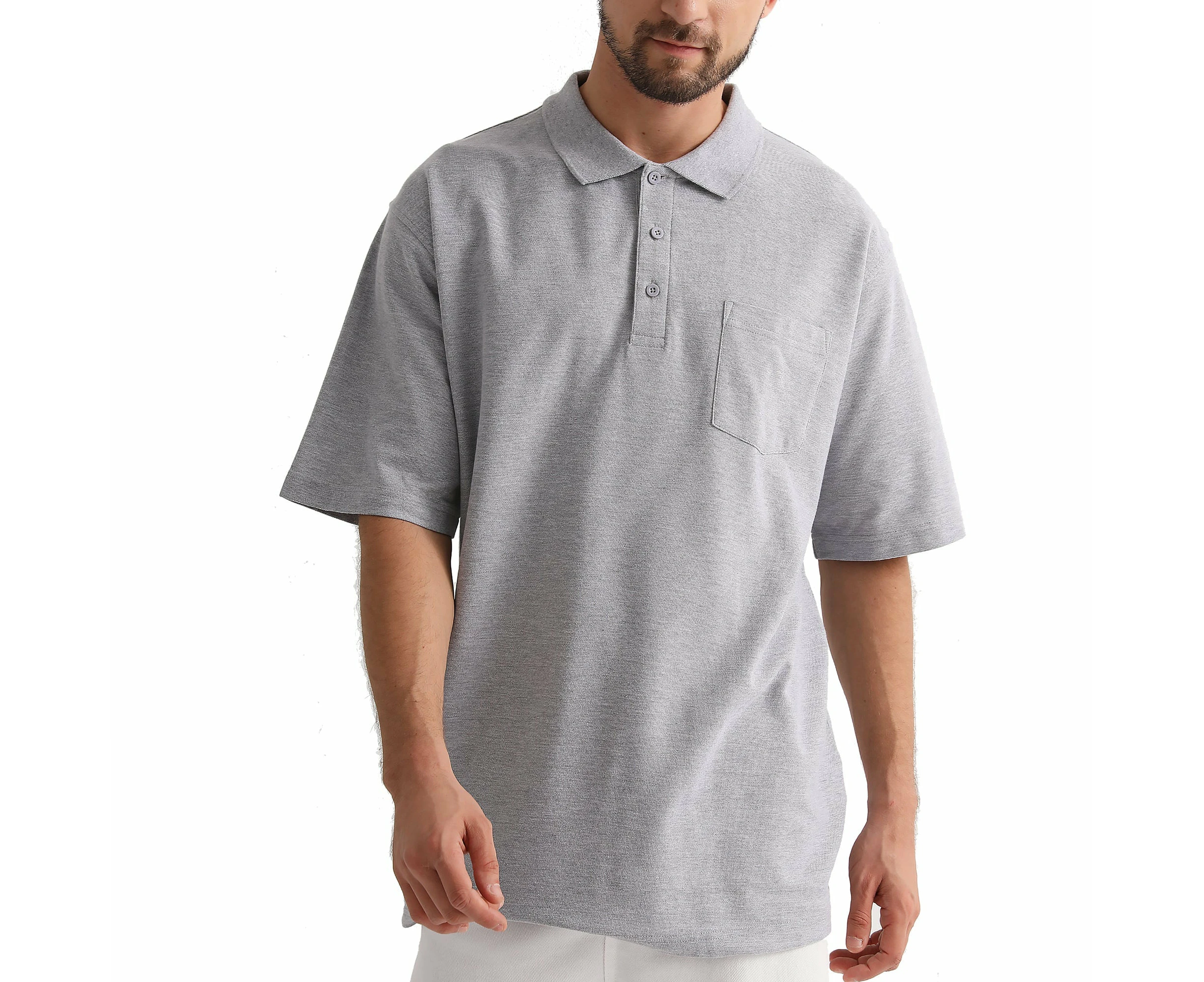 Cotton Blend Polo Shirts Plain Solid Colour Golf Shirt Short Sleeve Pique Classic Fit - Grey Marle