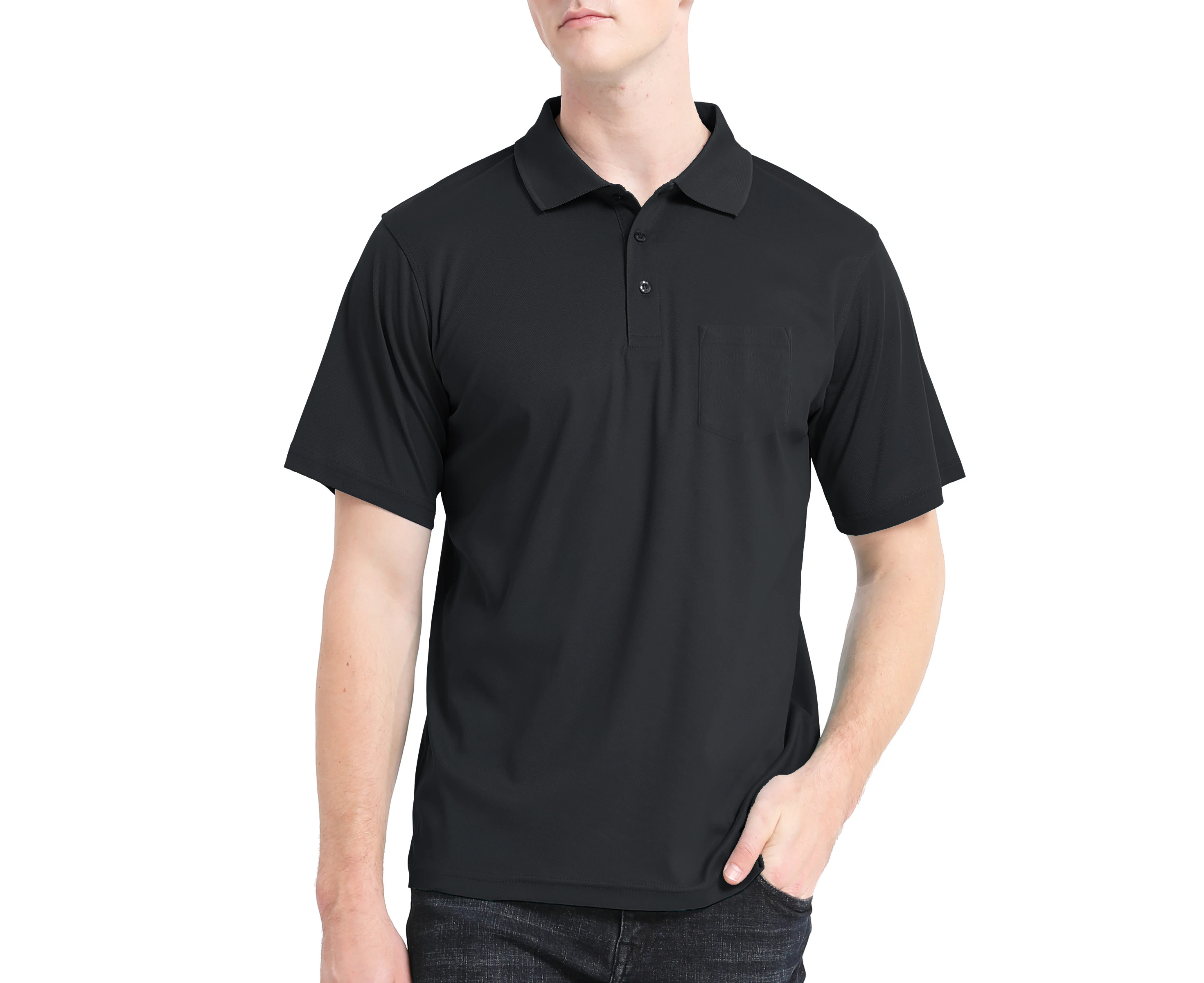 Cotton Blend Polo Shirts Plain Solid Colour Golf Shirt Short Sleeve Pique Classic Fit - Black