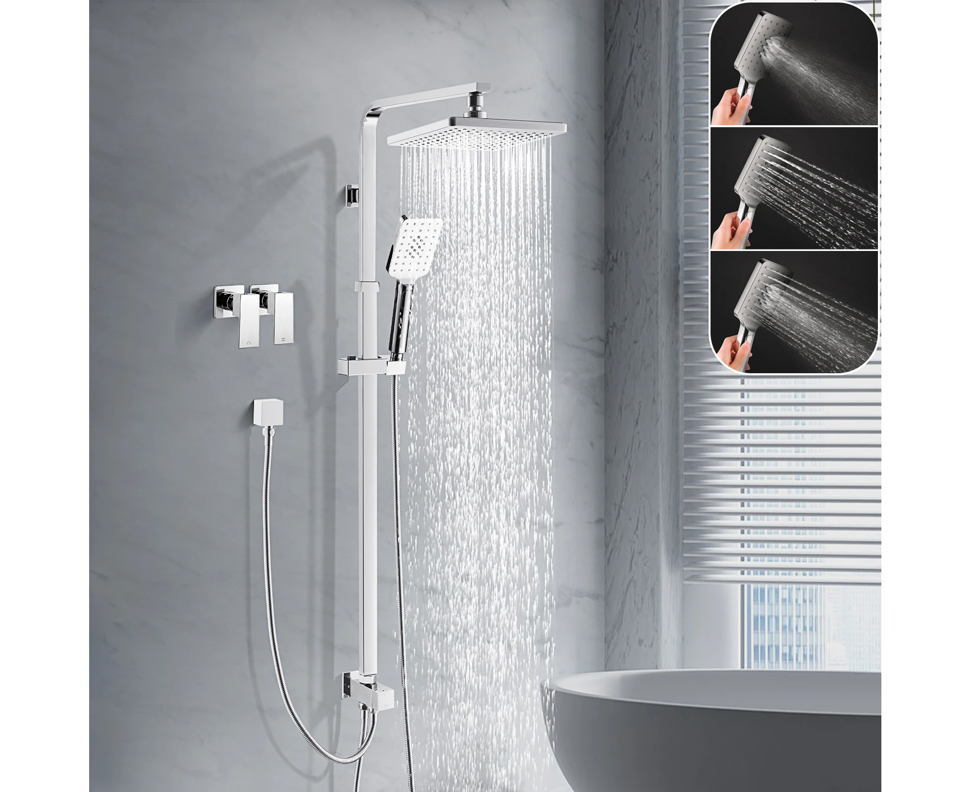 WELS 8'' Rain Shower head Hand Held heads Adjustable Height Shower Rail Shower taps Square Chrome