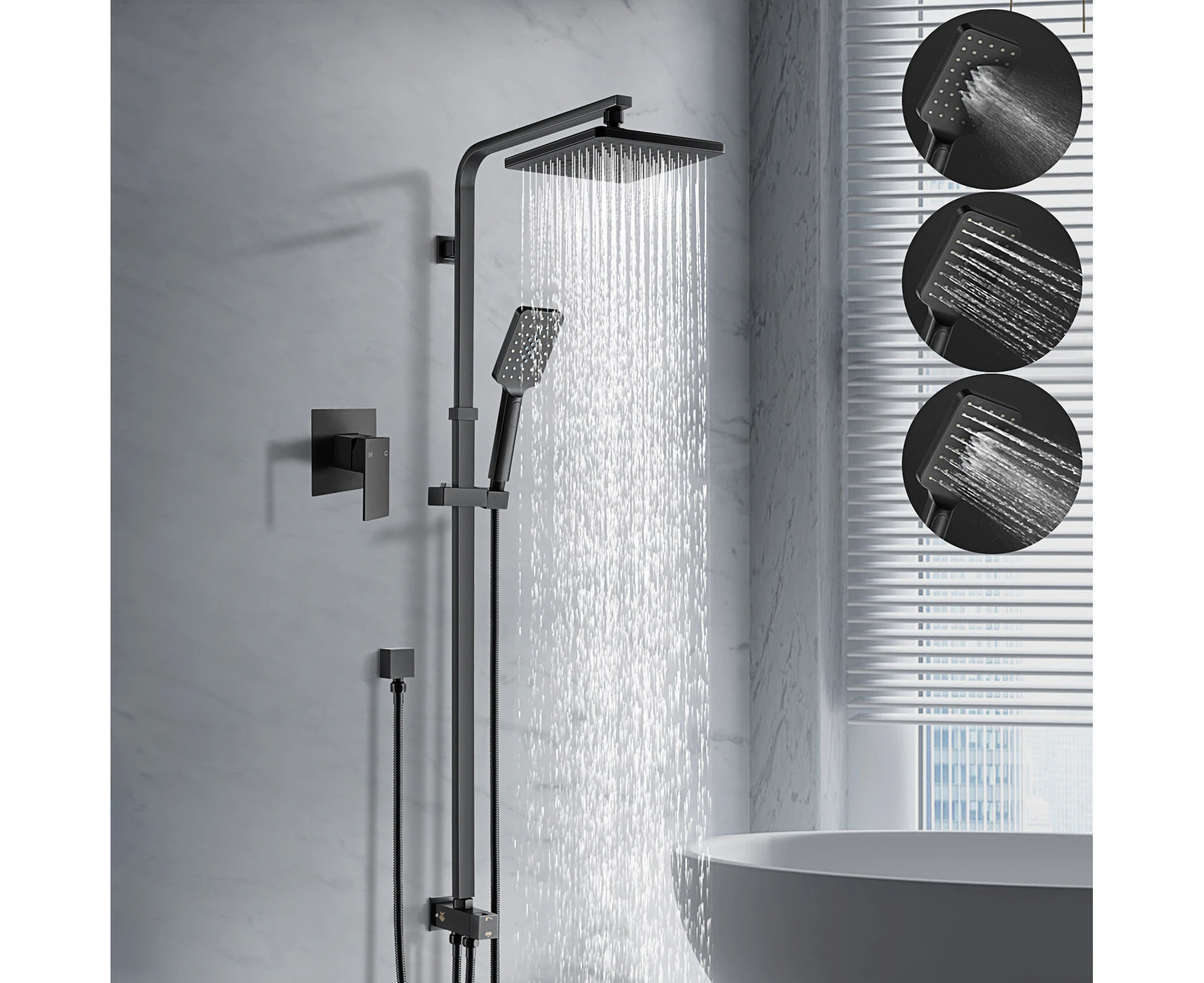 WELS 8'' Rain Shower head Hand Held heads Adjustable Height Shower Rail Shower mixer Square Black