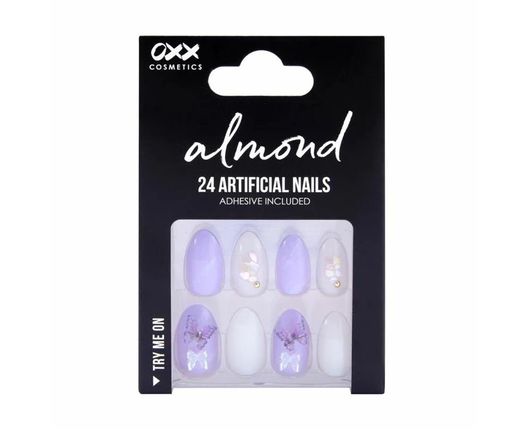 24 Pack Artificial Nails with Adhesive, Almond Shape, Butterfly - OXX Cosmetics