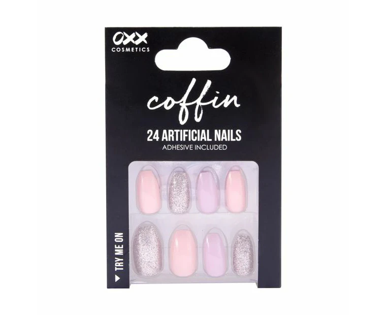 24 Pack Artificial Nails with Adhesive, Coffin Shape, Sunrise Glitter - OXX Cosmetics