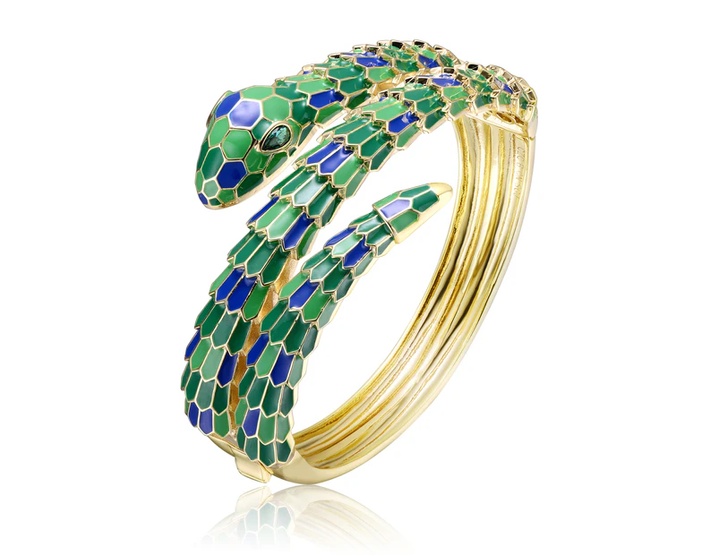 Rachel Glauber 14k Gold Plated Emerald Serpent Coiled Bracelet