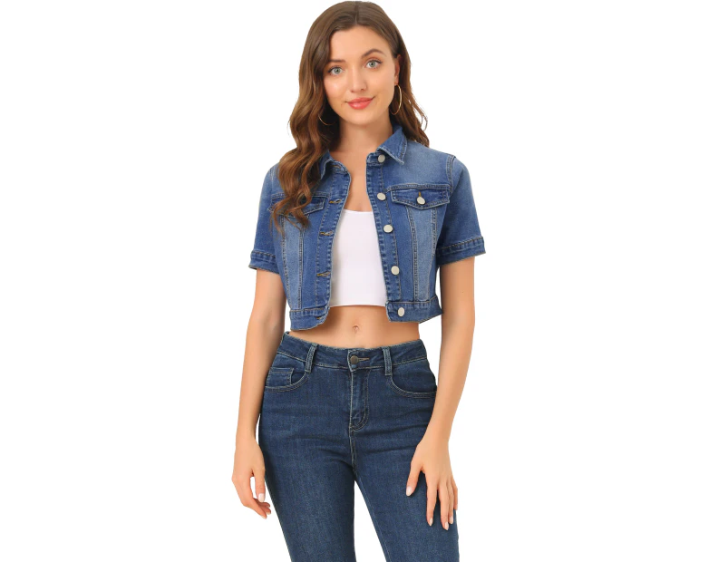 Allegra K Casual Short Sleeves Crop Denim Jacket