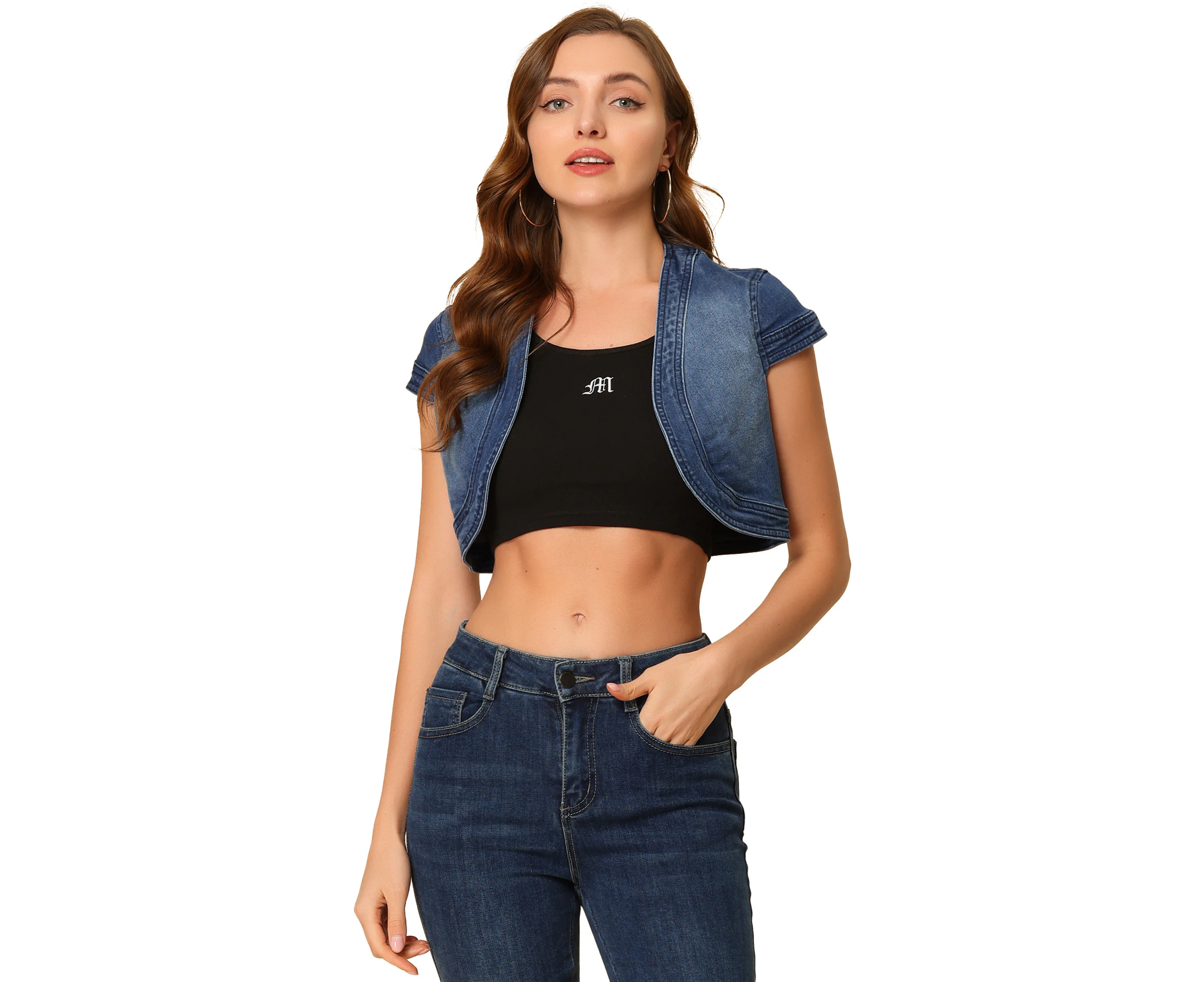 Allegra K Casual Crop Cap Sleeve Jean Shrug