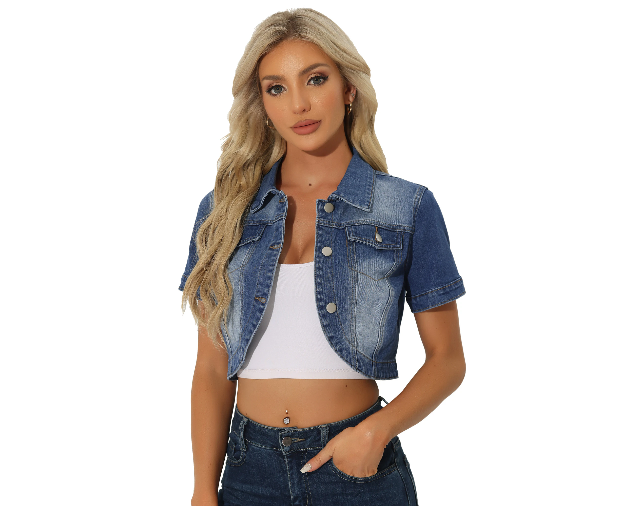 Allegra K Casual Turndown Collar Short Sleeves Crop Jean Jackets