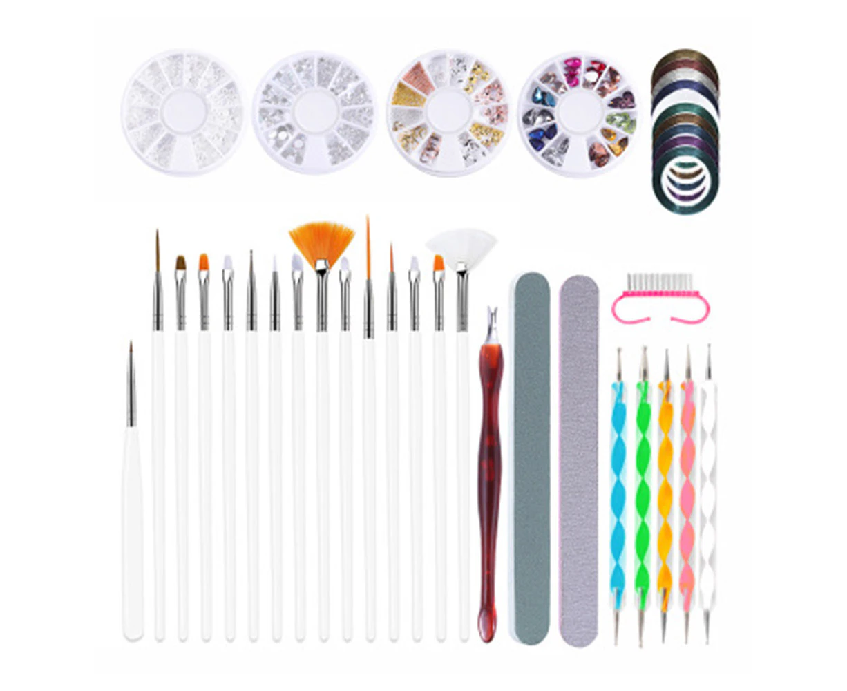 Nail Art Kit Nail Art Brushes Nail Dotting Tool Nail Striping Ribbons Rhinestone Crystals Nail File Kit for Women