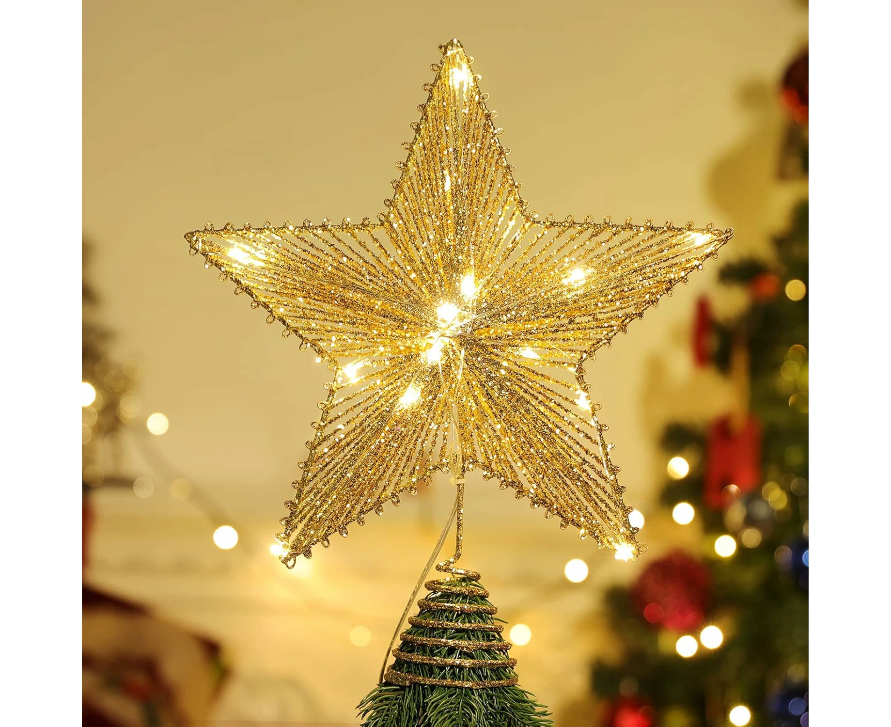 Sparkling Gold Metal Christmas Tree Star with LED Lights for Tree Top Decoration