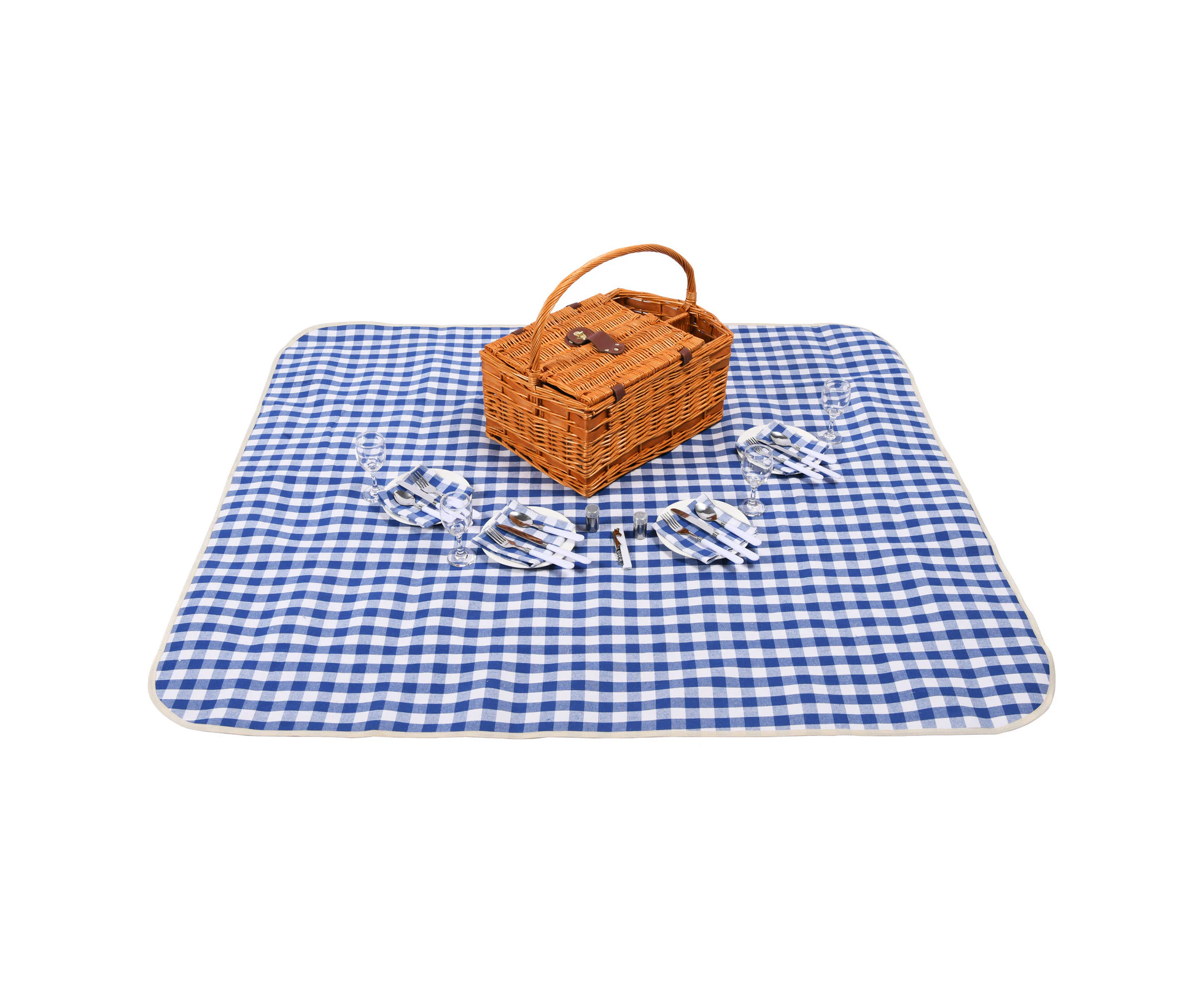 Vibes Tasmania 4 Person Natural Wicker Picnic Basket Set with Blue & White Gingham Rug - Tan Basket 48x33x20; Rug 1.3x1.5m