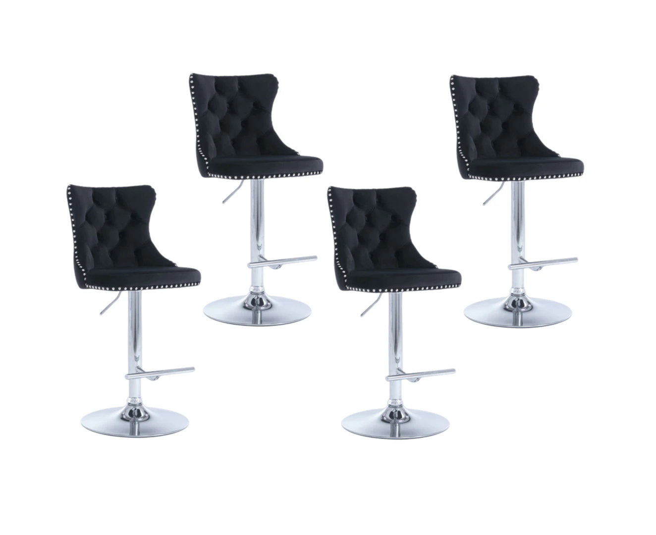 4x Height Adjustable Swivel Bar Stool Velvet Studs Barstool with Footrest and Chromed Base- Black