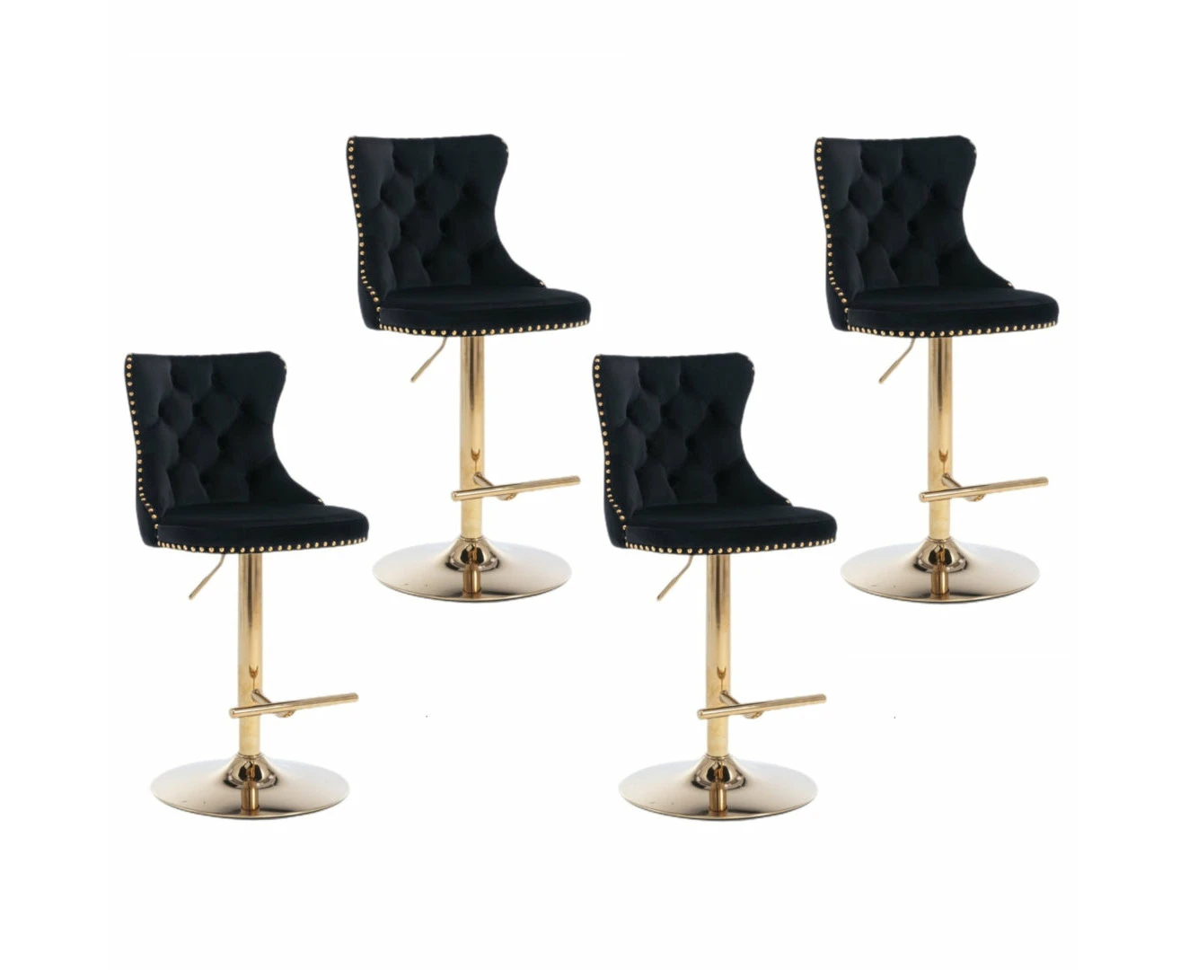 4x Height Adjustable Swivel Bar Stool Velvet Studs Barstool with Footrest and Golden Base- Black