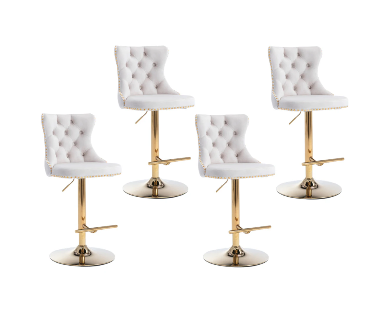 4x Height Adjustable Swivel Bar Stool Velvet Studs Barstool with Footrest and Golden Base- Beige