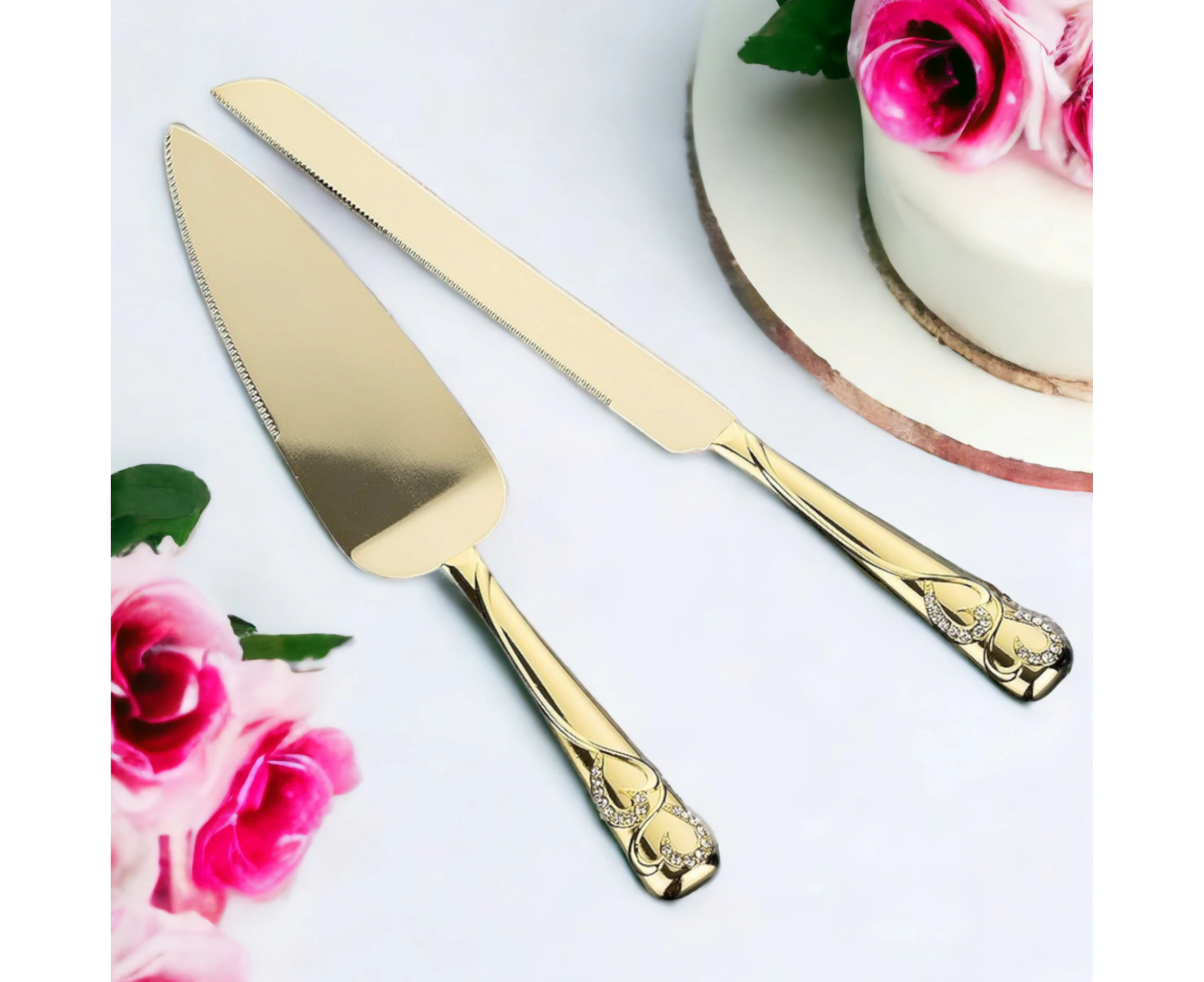 Set 2 Gold Cake Server & Knife with Binding Crystal Diamante Double Hearts Handles