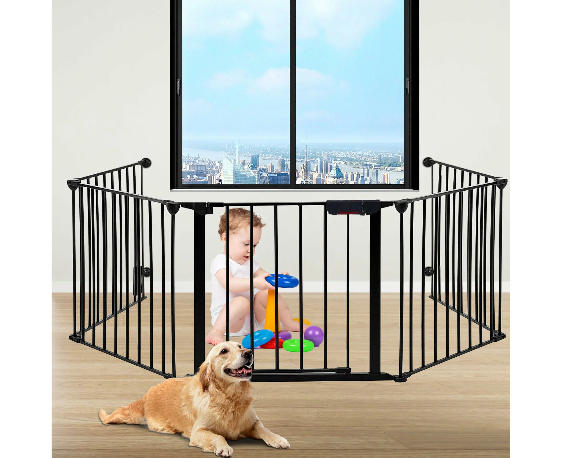 325cm Wide Baby Gate Playpen for Toddlers and Pets Configurable Safety Fence with Walk-Through Door Adjustable for Large Openings Fireplace ,Black,5 Panels