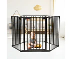 385cm Freestanding fireplace Baby Gate with Door, Extra Wide Adjustable Pet Gate for Fireplaces and Stairs Foldable Baby Play Yard  , Black, 6 Panels