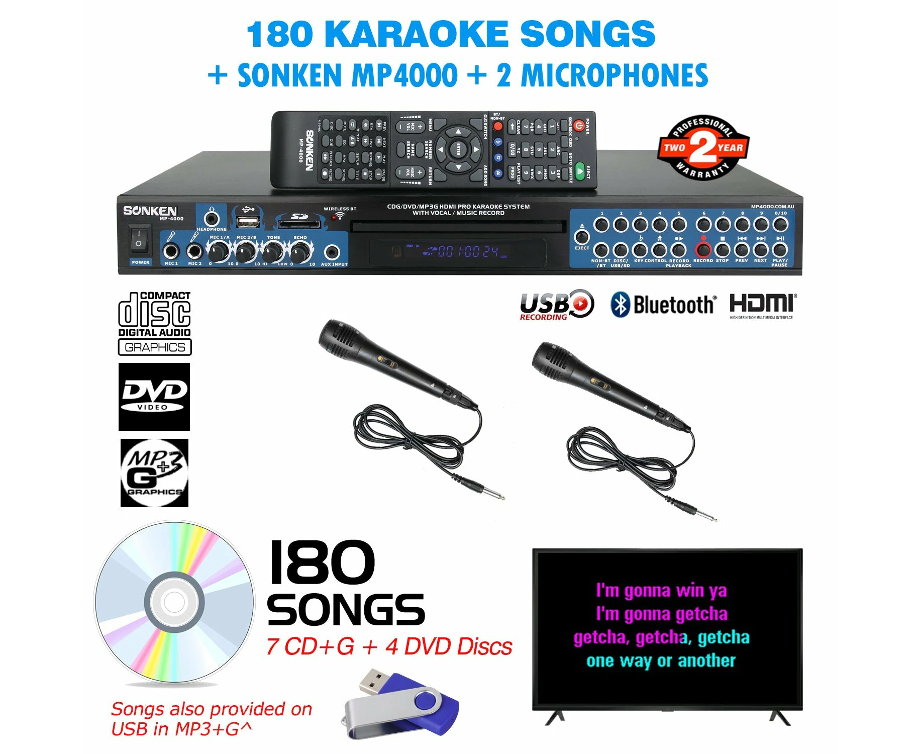 Sonken MP4000 Pro Karaoke Machine + 180 Songs + 2 Wired Microphones