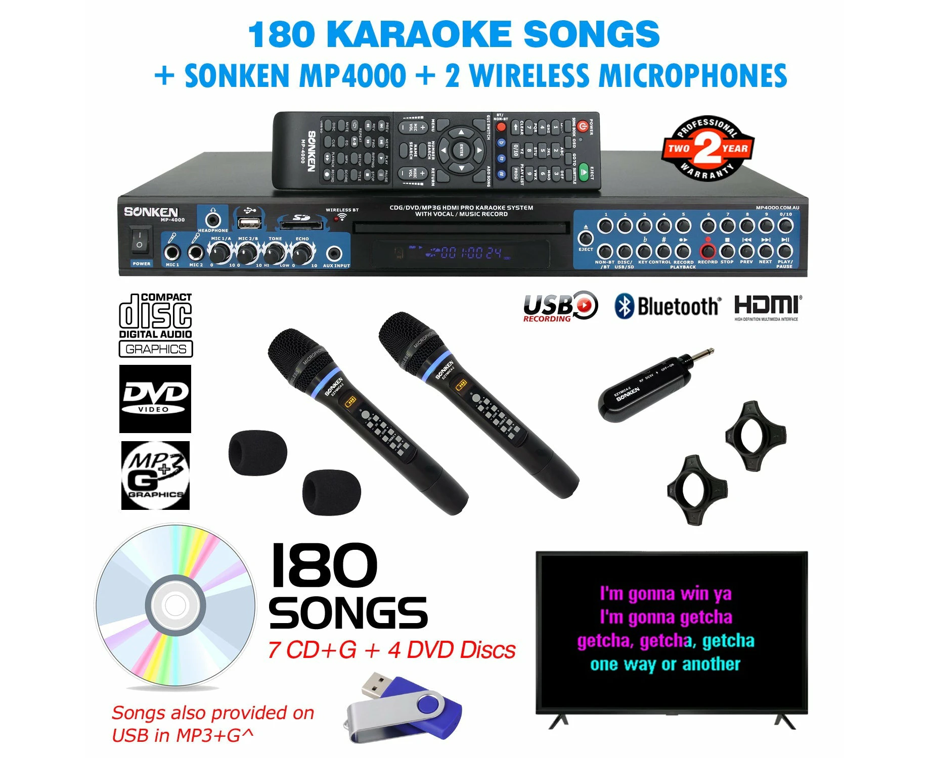 Sonken MP4000 Pro Karaoke Machine + 180 Songs + 2 Wireless Microphones