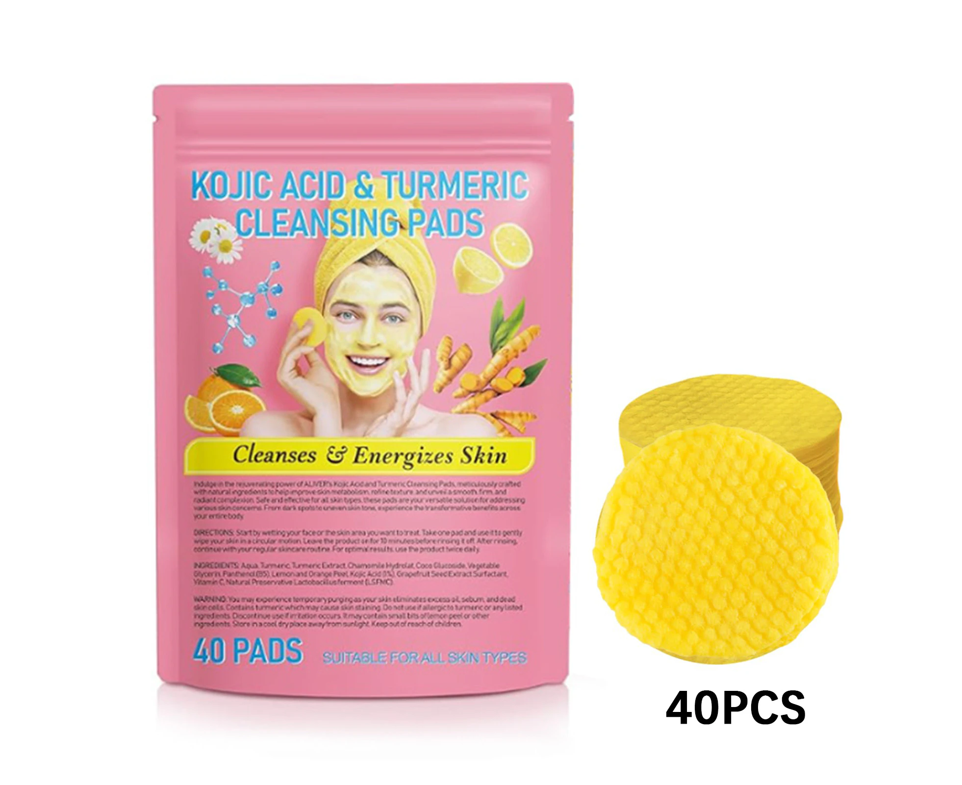 40Pcs Turmeric Cleansing Pads,Kojic Acid Cleansing Pads for Acne Scars Face and Firming Skin,facial Cleansing, Exfoliating Mask, Makeup Removal