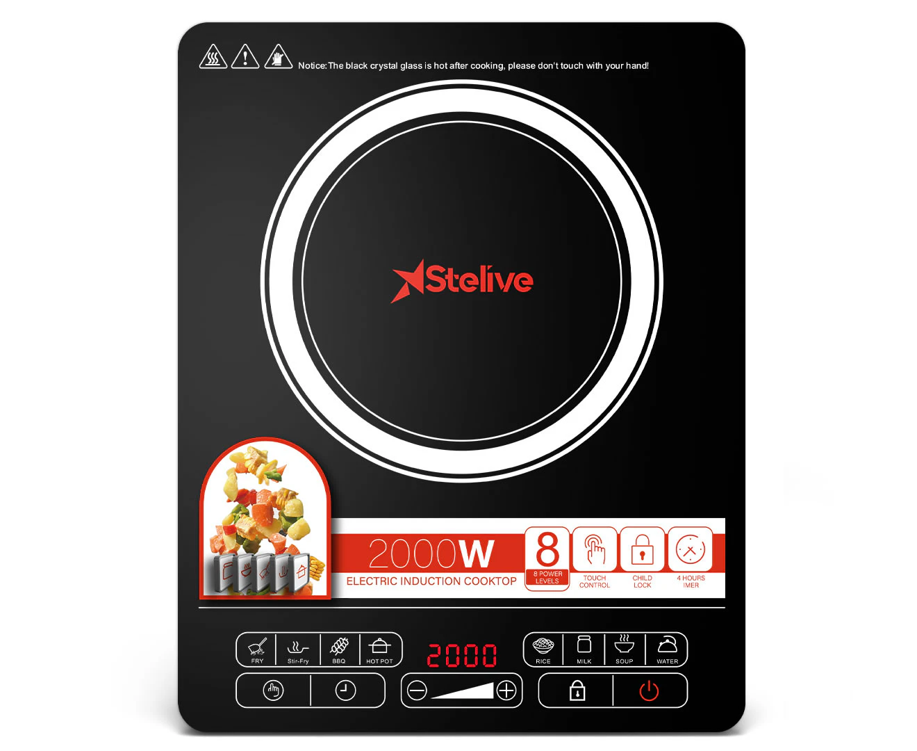 Stelive 2000W Electric Induction Cooktop Portable Kitchen Cooker 8 Power Levels Electric Burner Induction Cooker with Sensor Touch (Black)