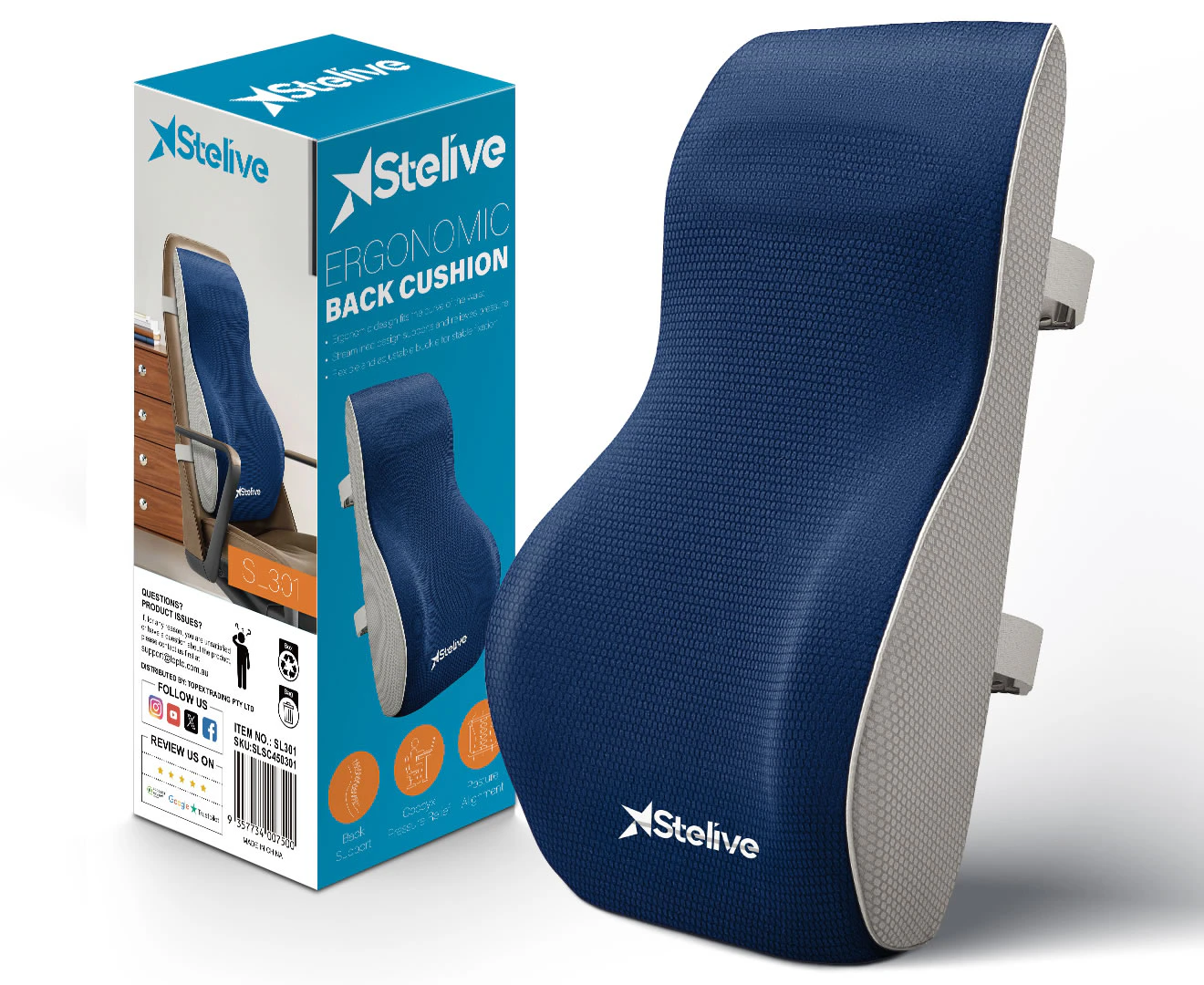 Stelive Ergonomic Back Cushion Lumbar Support Cushion Memory Foam Back Support Orthopedic Backrest Support Pillow w/ Adjustable Straps